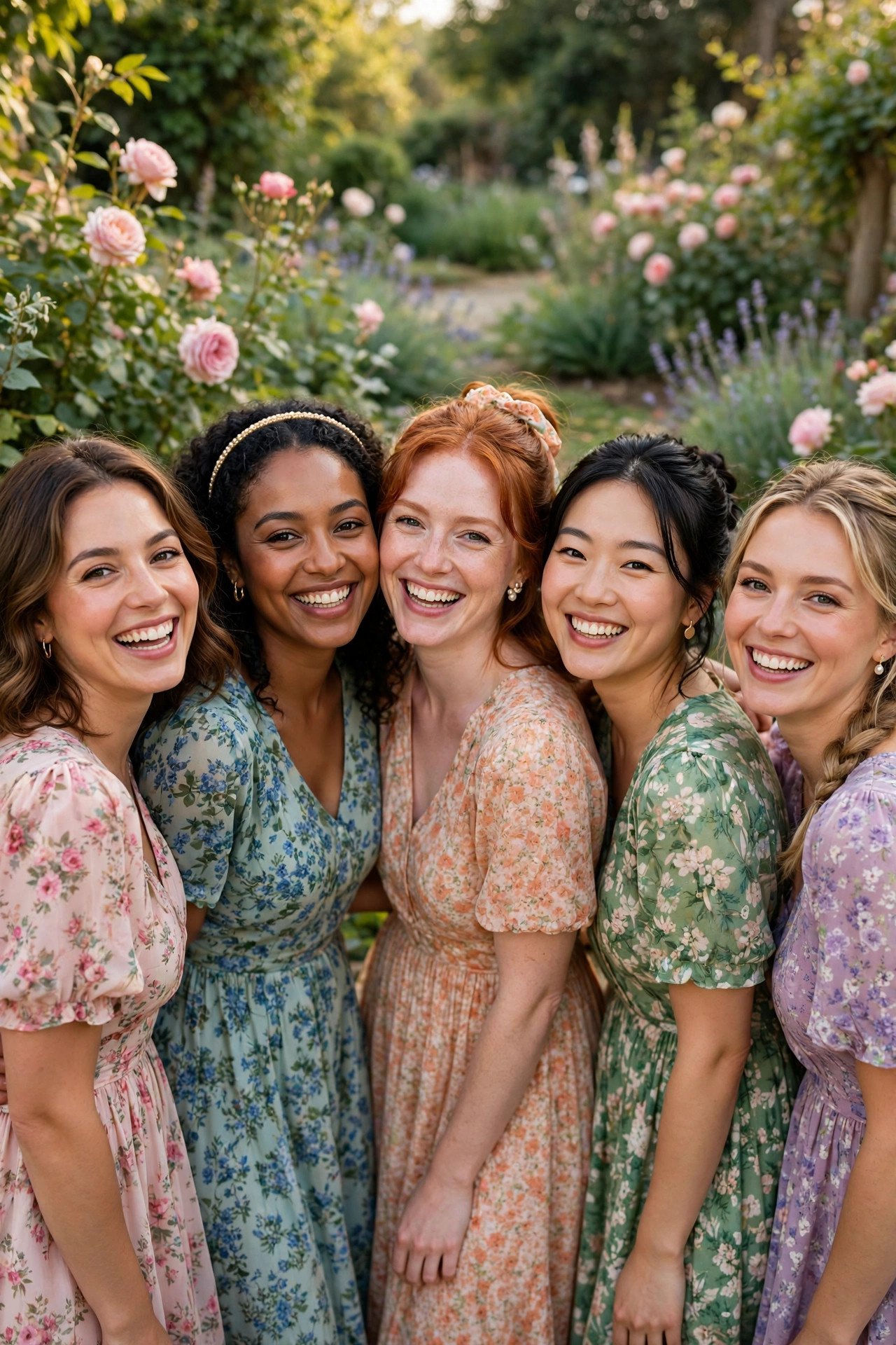 Bridesmaids in floral dresses of a different base color