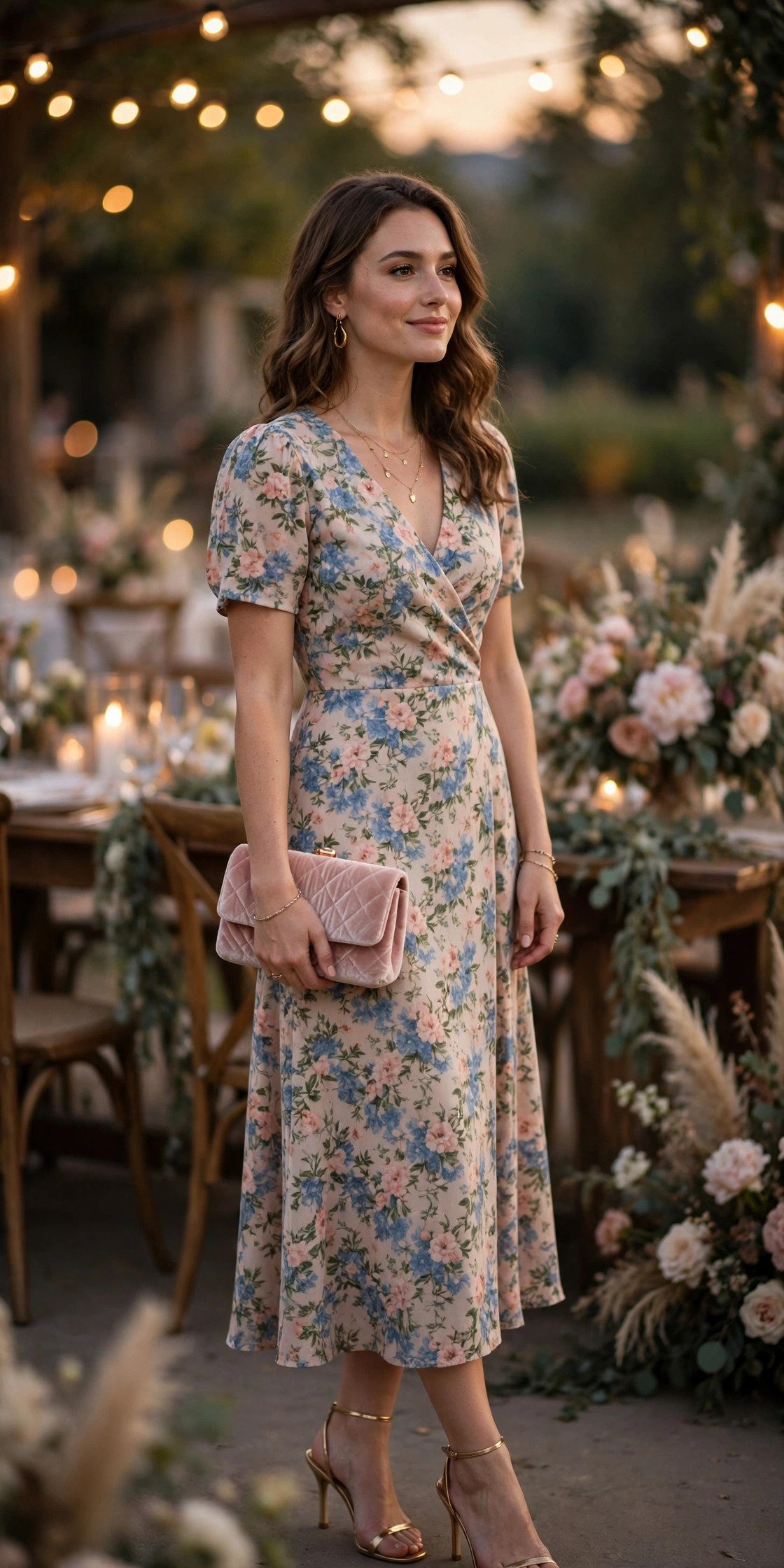 Floral midi dress styled with heels and a clutch for evening