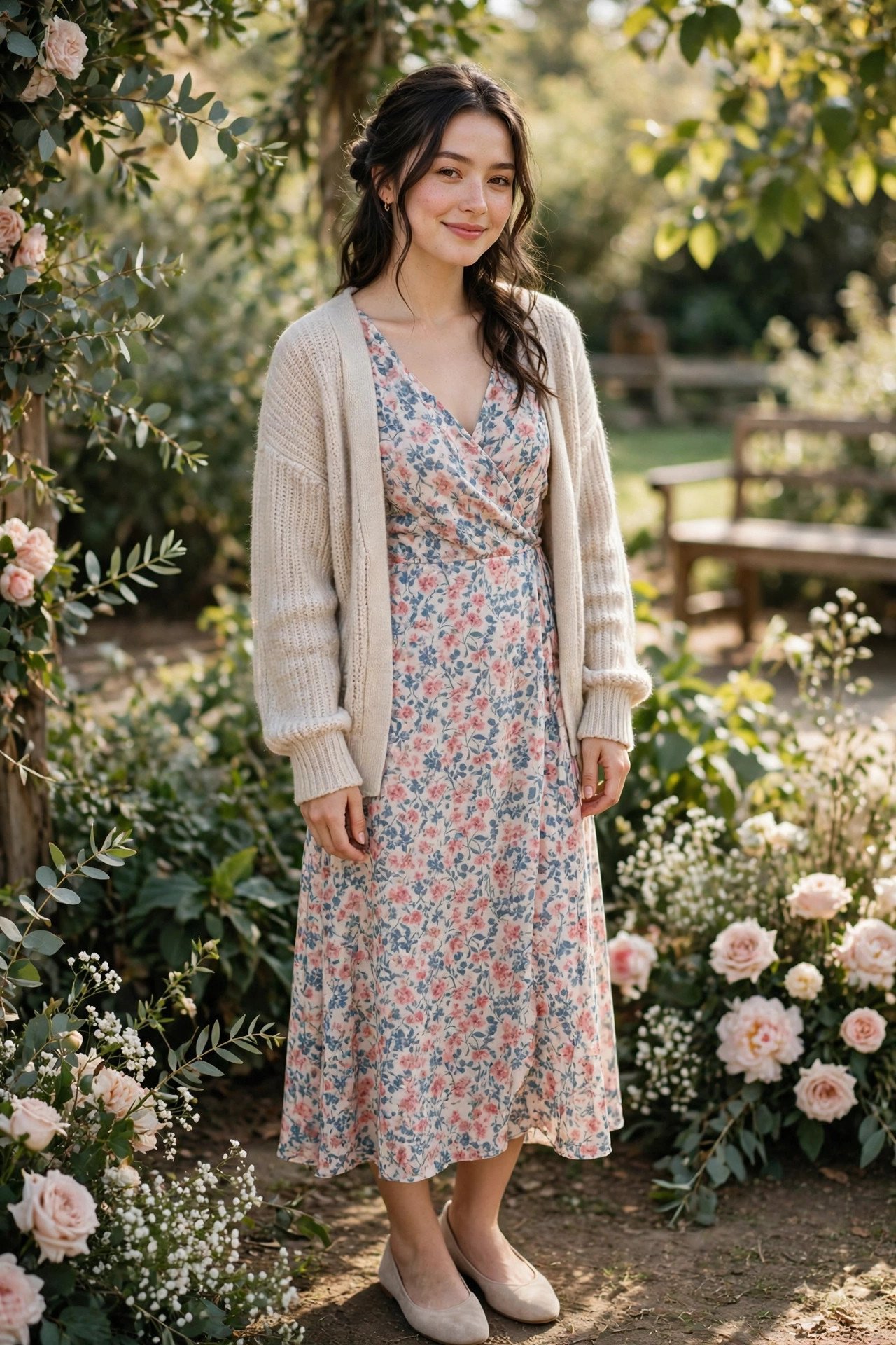Floral dress with flats and a light cardigan