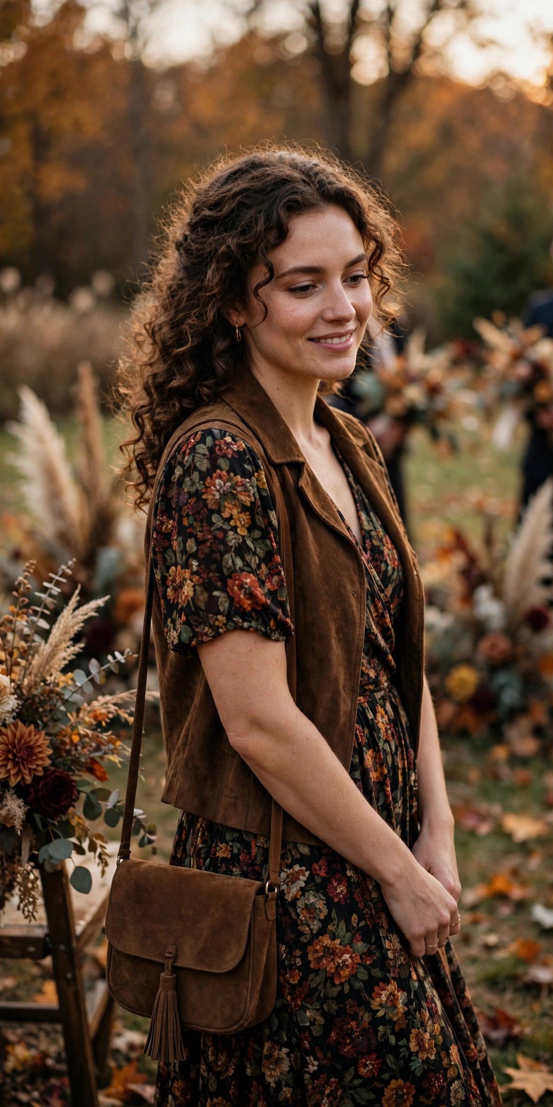 Guest in a moody autumn floral dress with suede accessories