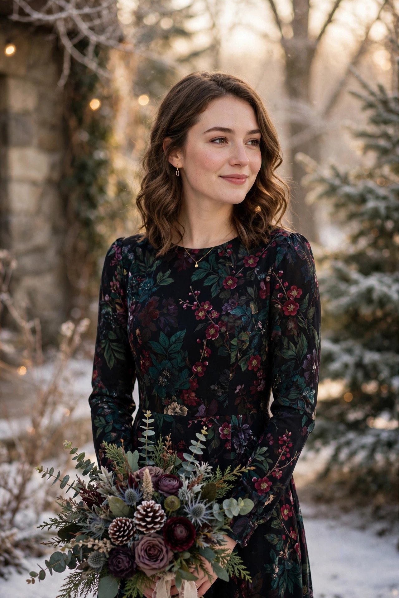 Long-sleeved dark floral dress at a winter wedding