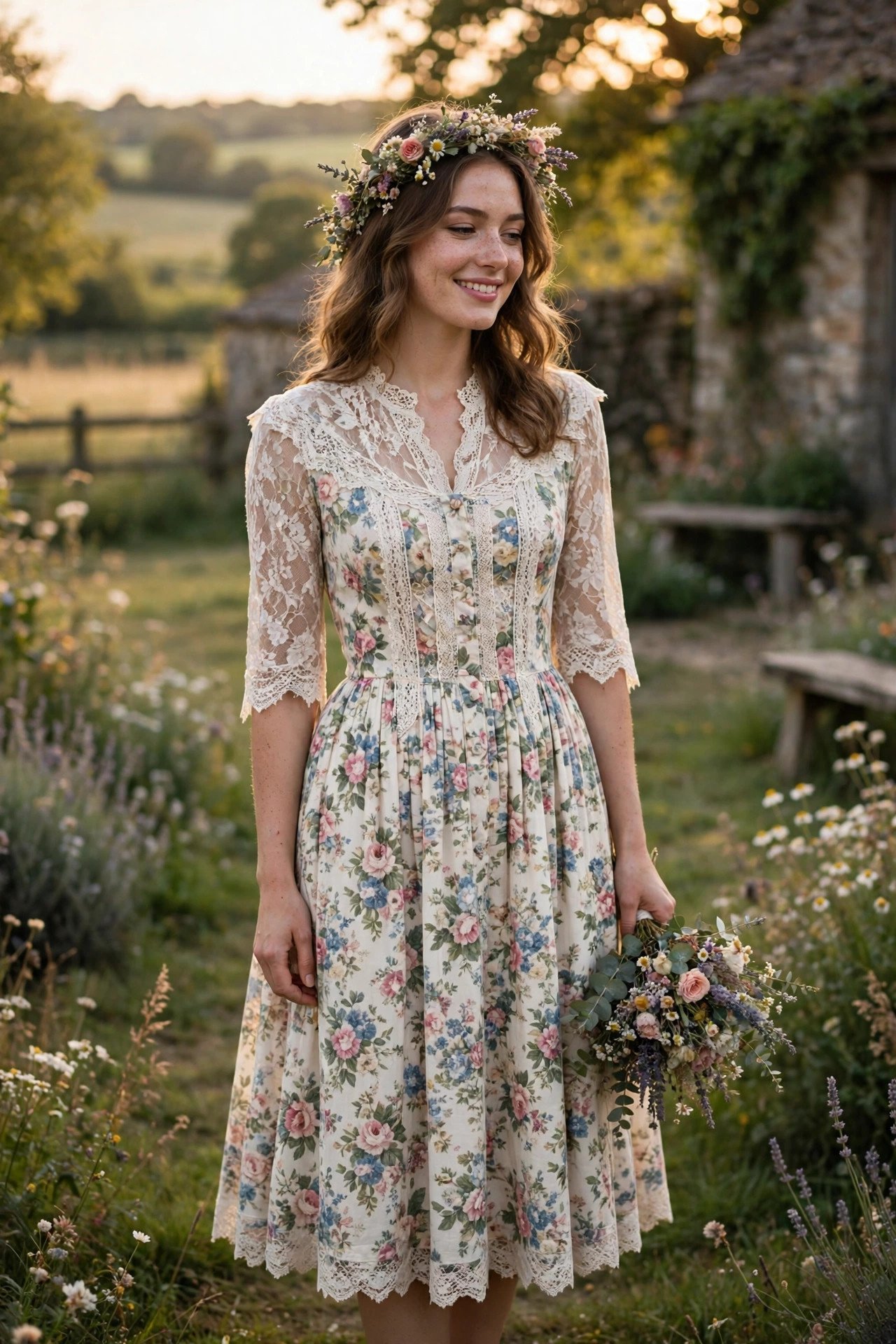 Tea-length vintage floral dress at a countryside wedding