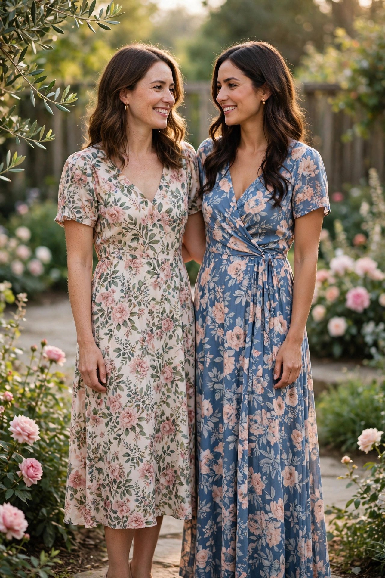 Midi and maxi floral dresses side by side