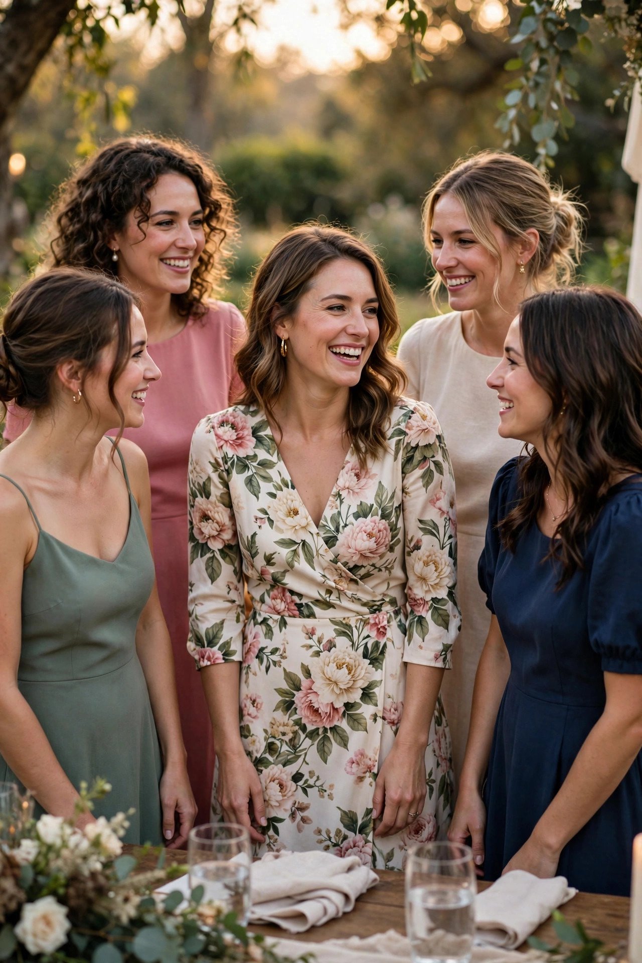 Guest in a distinctive floral print among solid dresses