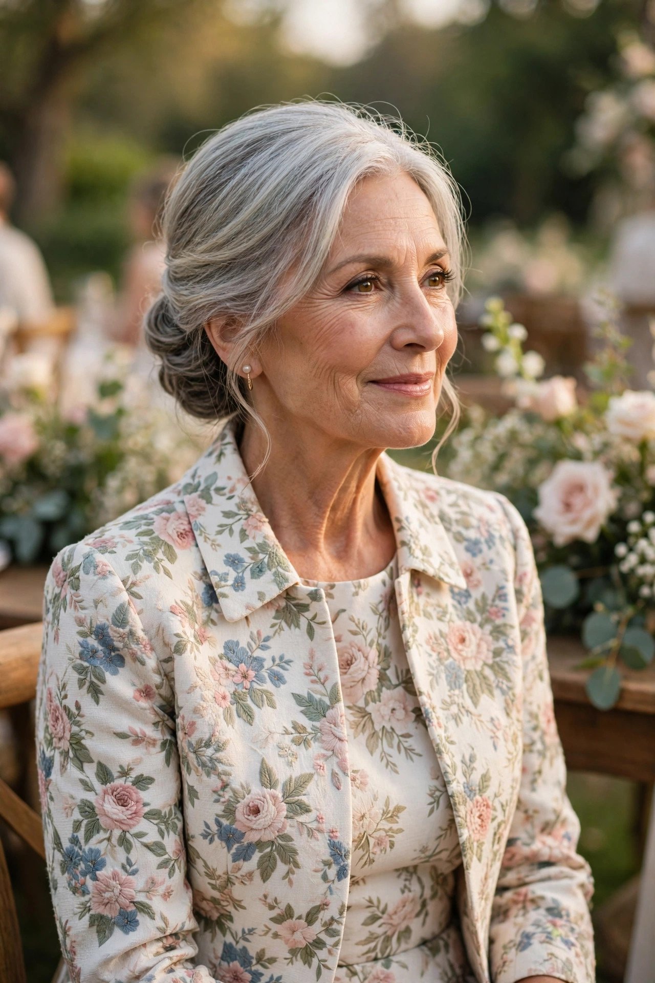 Elegant older guest in a floral jacket and dress