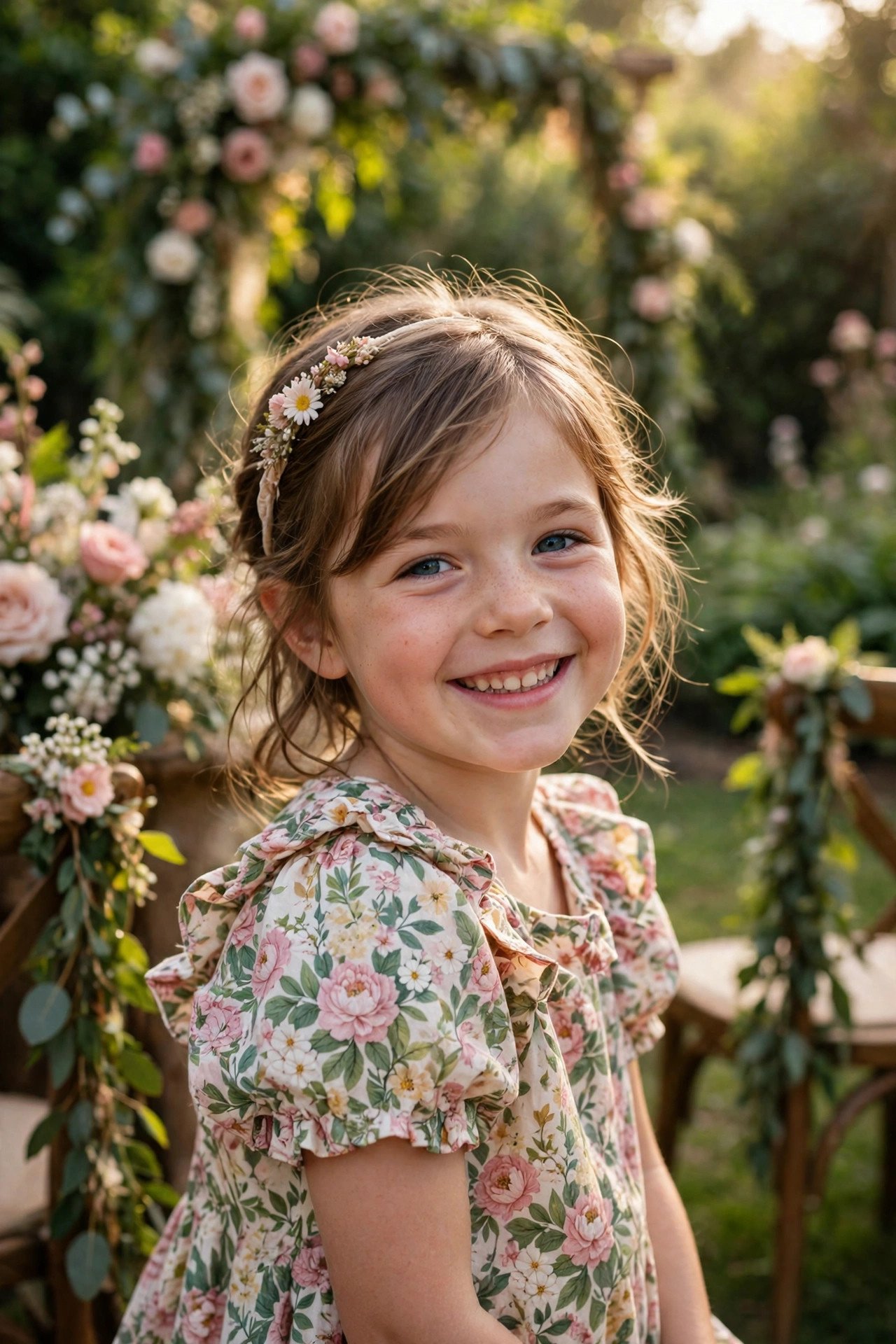 Child in a cheerful floral dress at a wedding