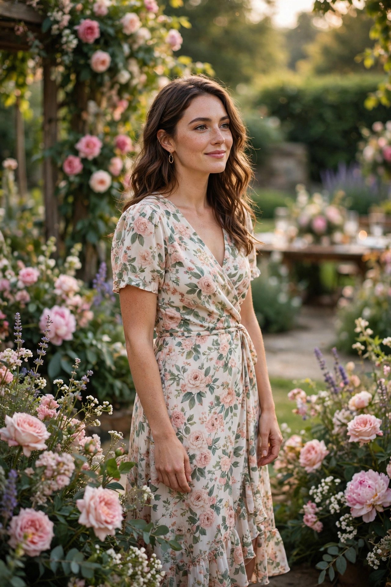 Wedding guest in a beautiful floral midi dress at a garden wedding in 2027