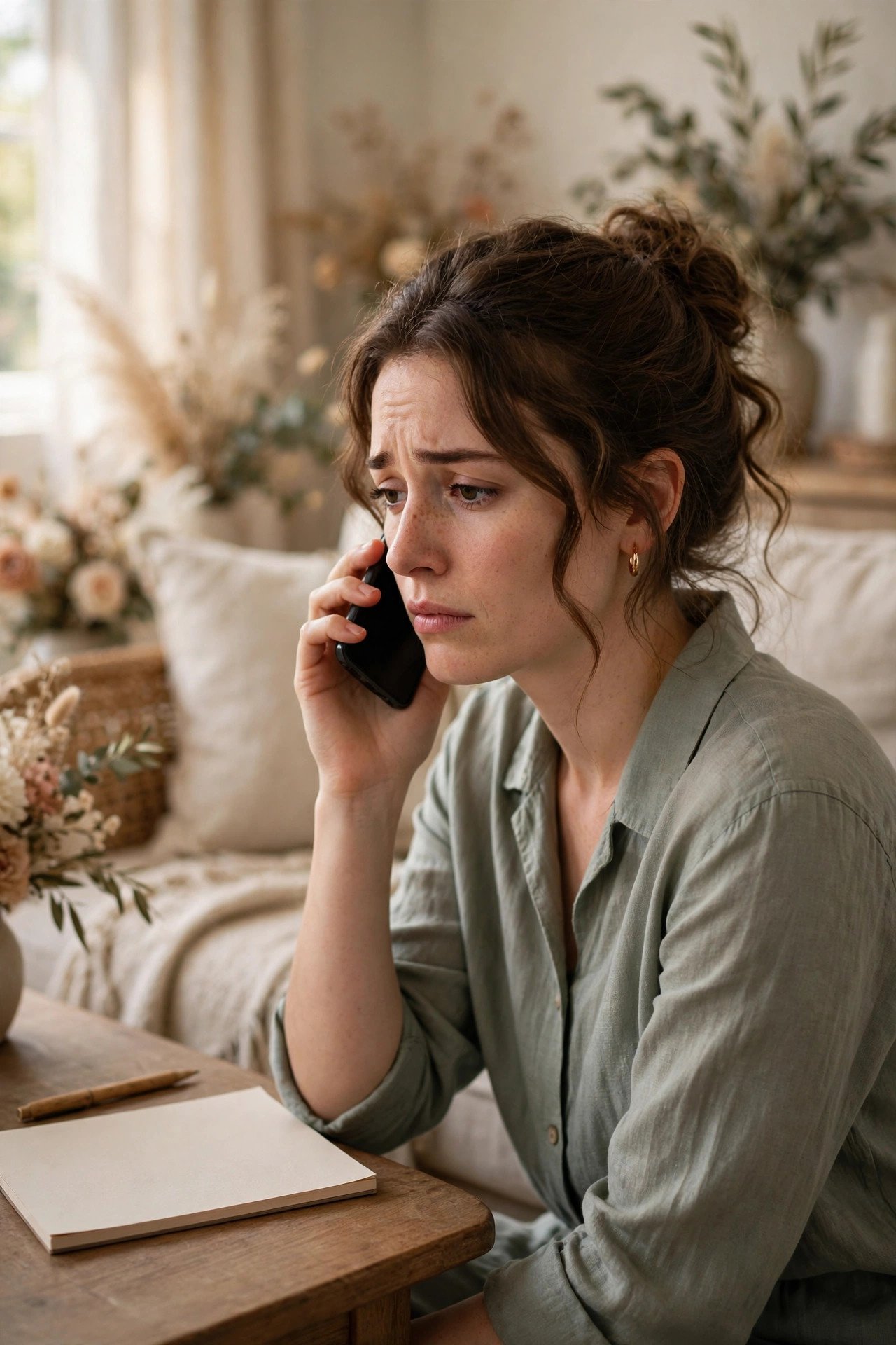 Guest making a difficult phone call with notes nearby
