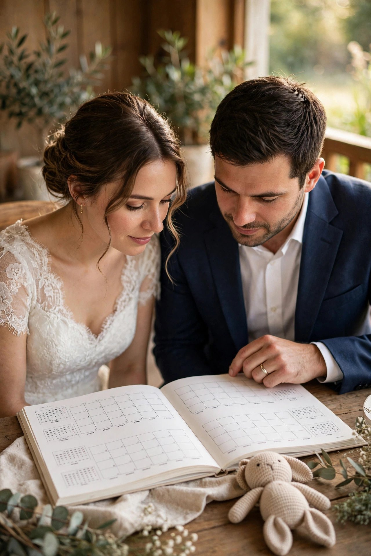 Parents checking a calendar and childcare options