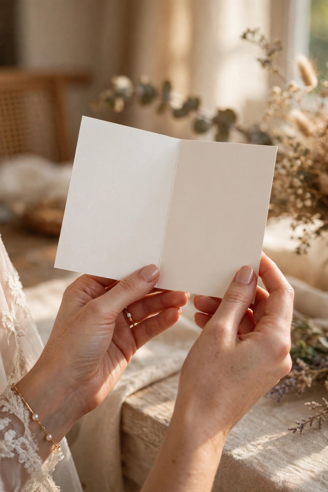 Warm handwritten message inside a blank note card