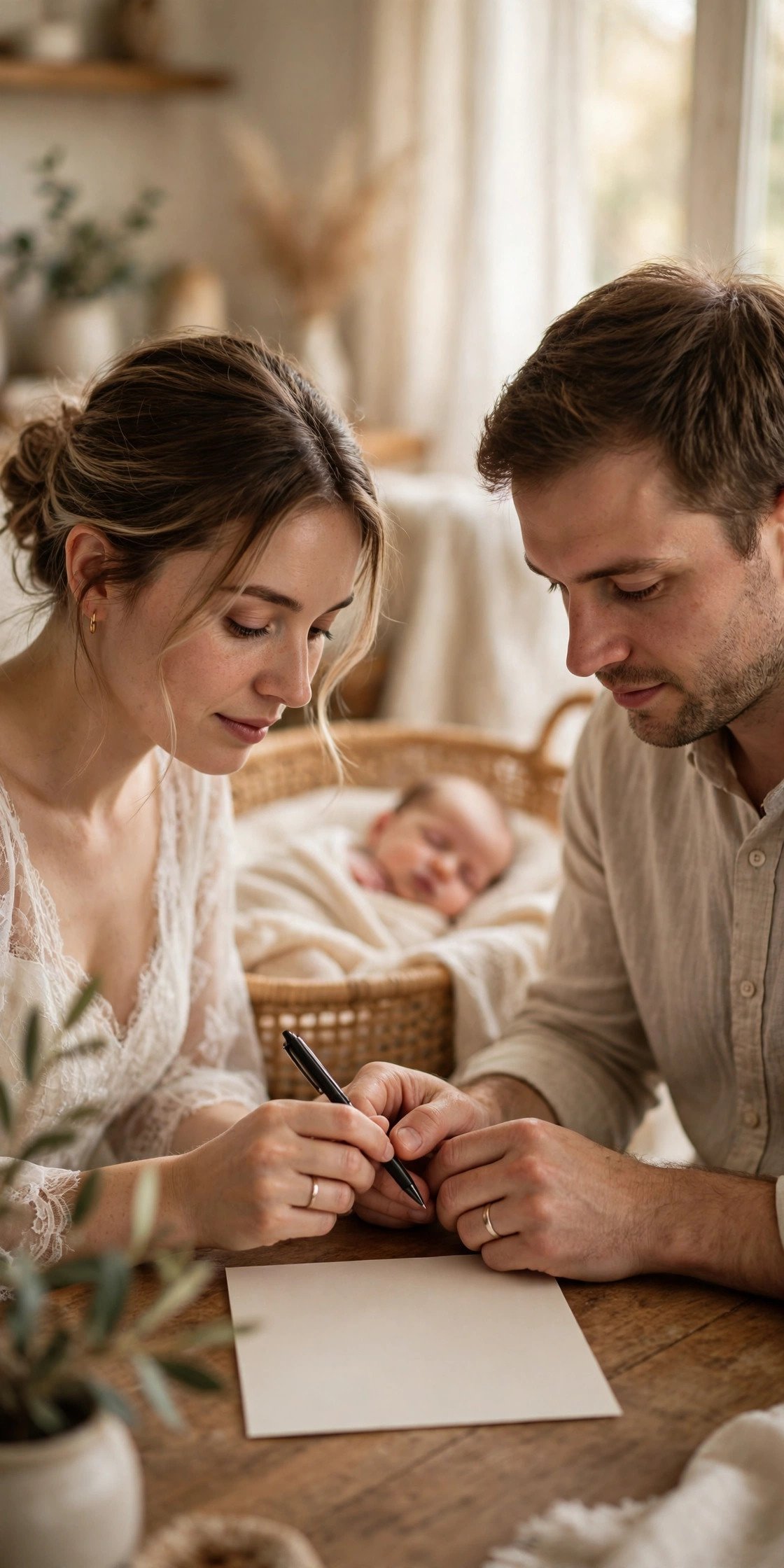 New parents writing a card during a quiet moment