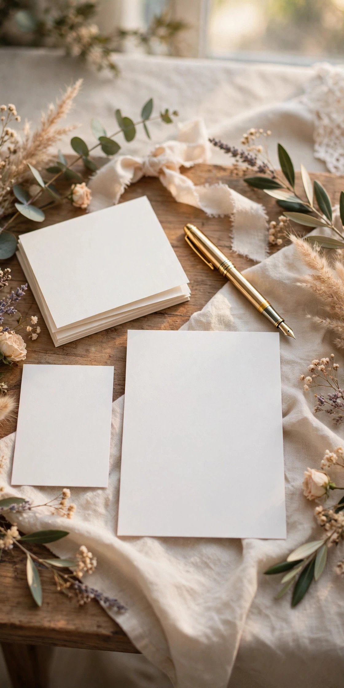 Elegant stationery, a fountain pen, and a wedding invitation ready for a reply in 2027