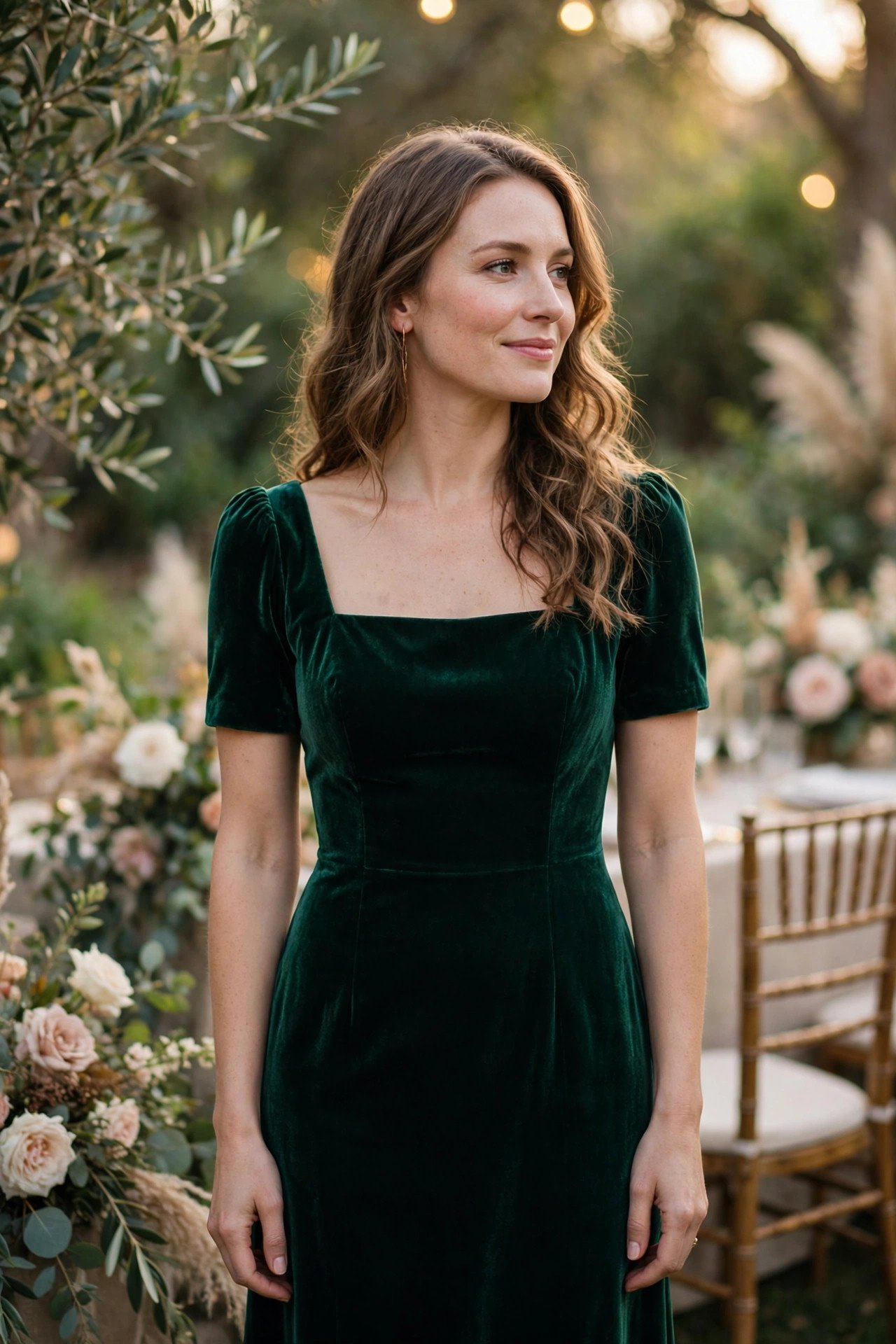 Woman in a classic jewel-toned midi dress at a cocktail attire wedding