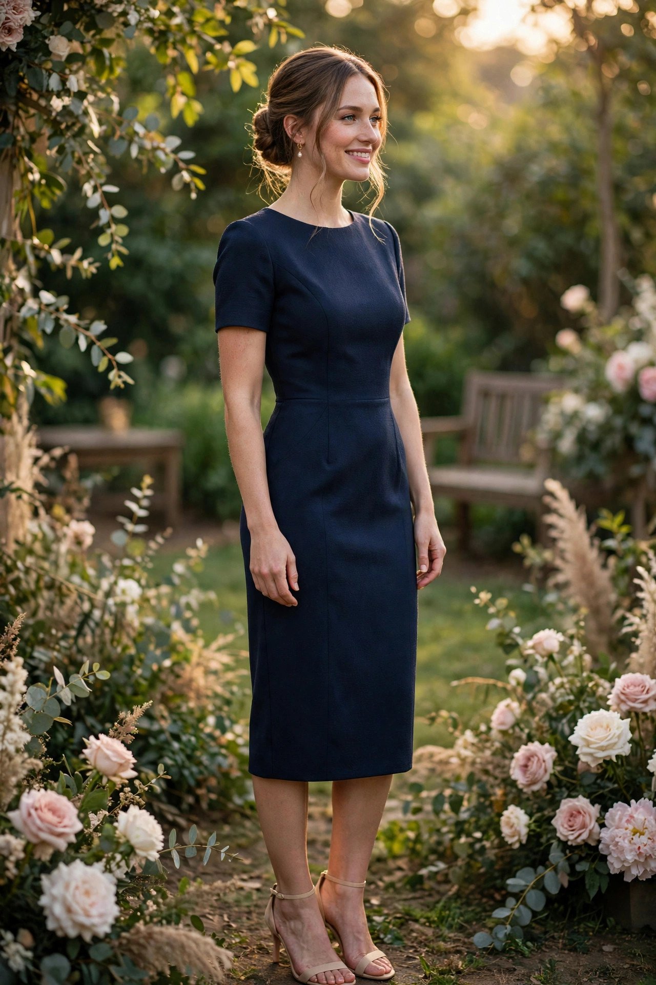 Woman in a tailored navy sheath dress with elegant heels