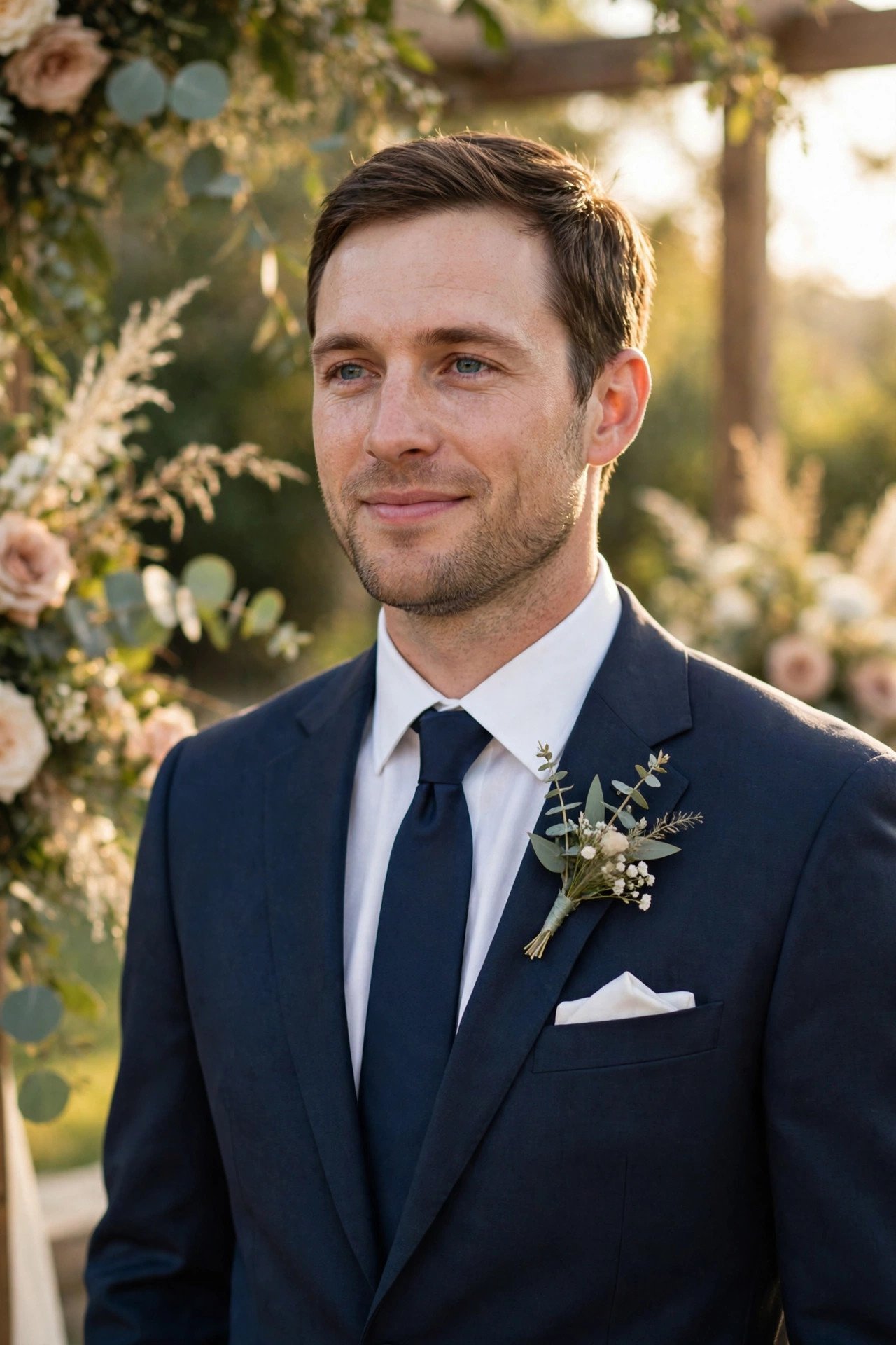 Man in a tailored navy suit and tie at a cocktail attire wedding