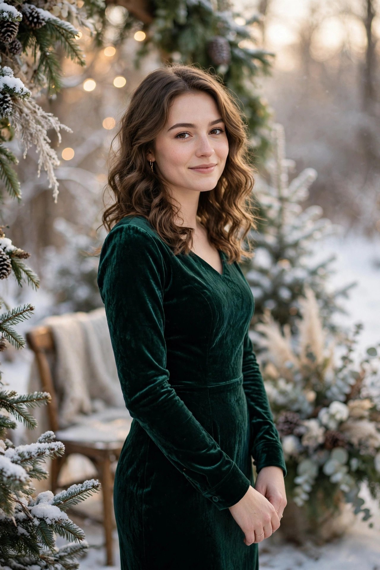 Woman in a velvet long-sleeve cocktail dress at a winter wedding