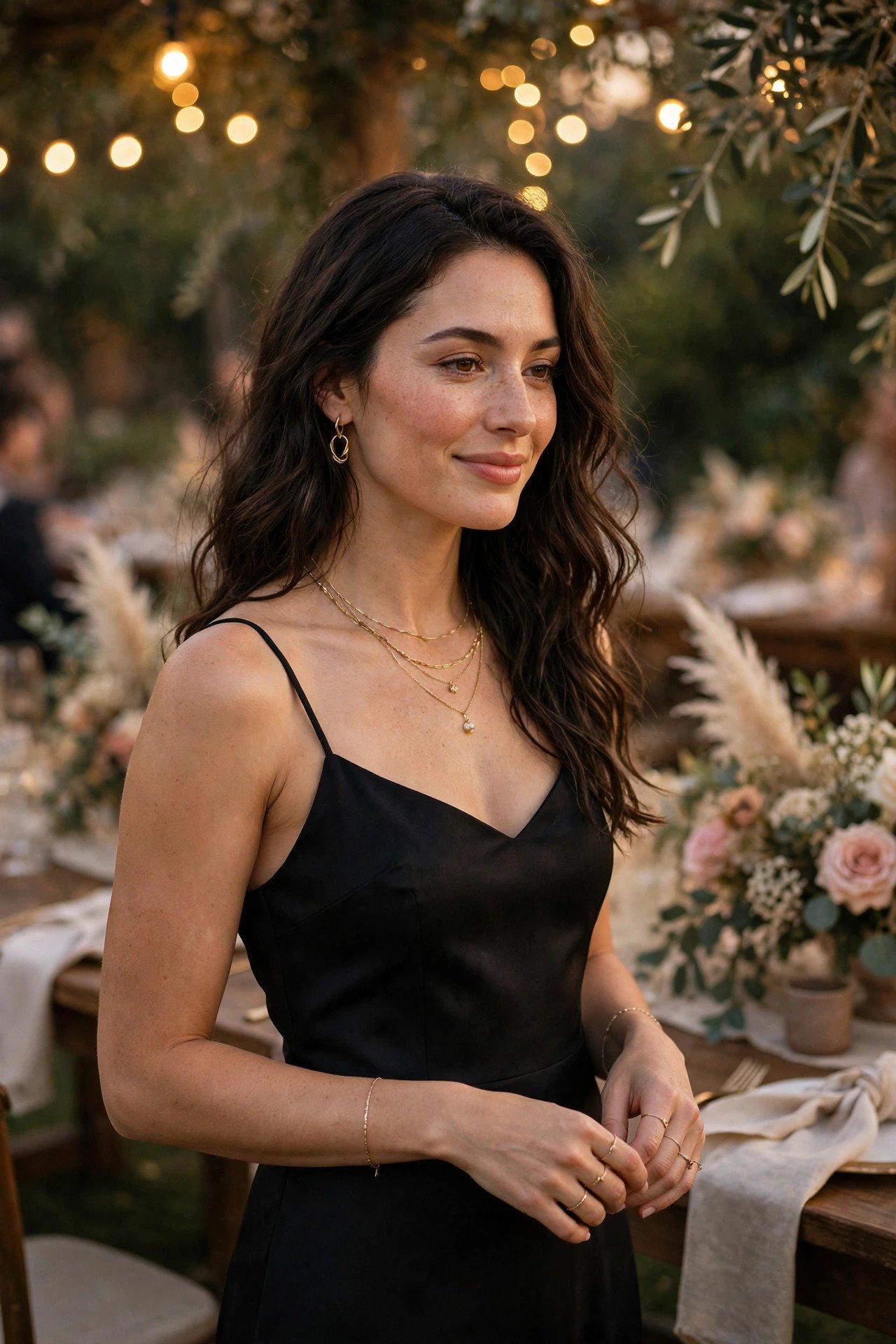 Woman in a little black dress with gold accessories at an evening reception
