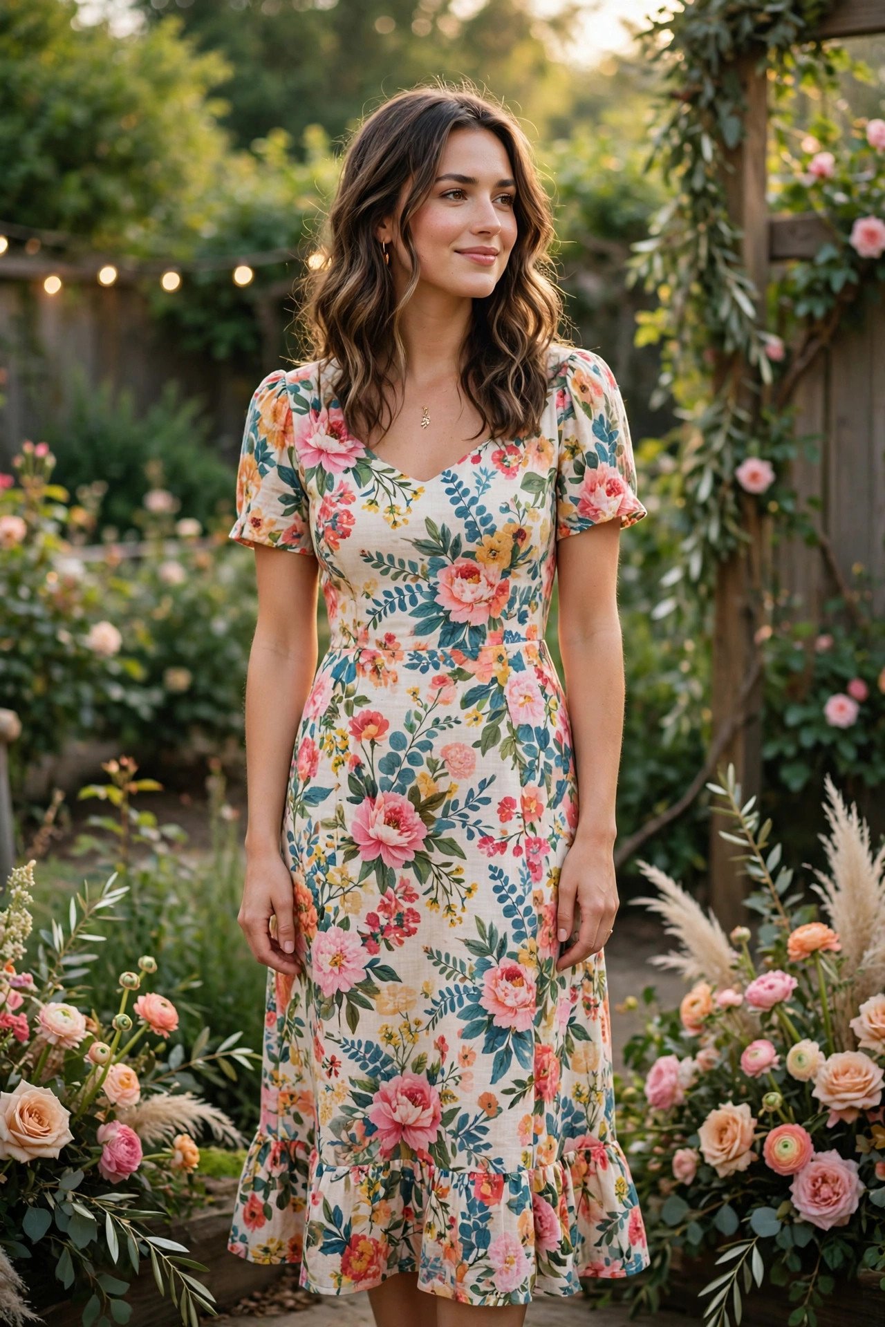 Woman in a floral midi dress with a colorful background print at a garden reception