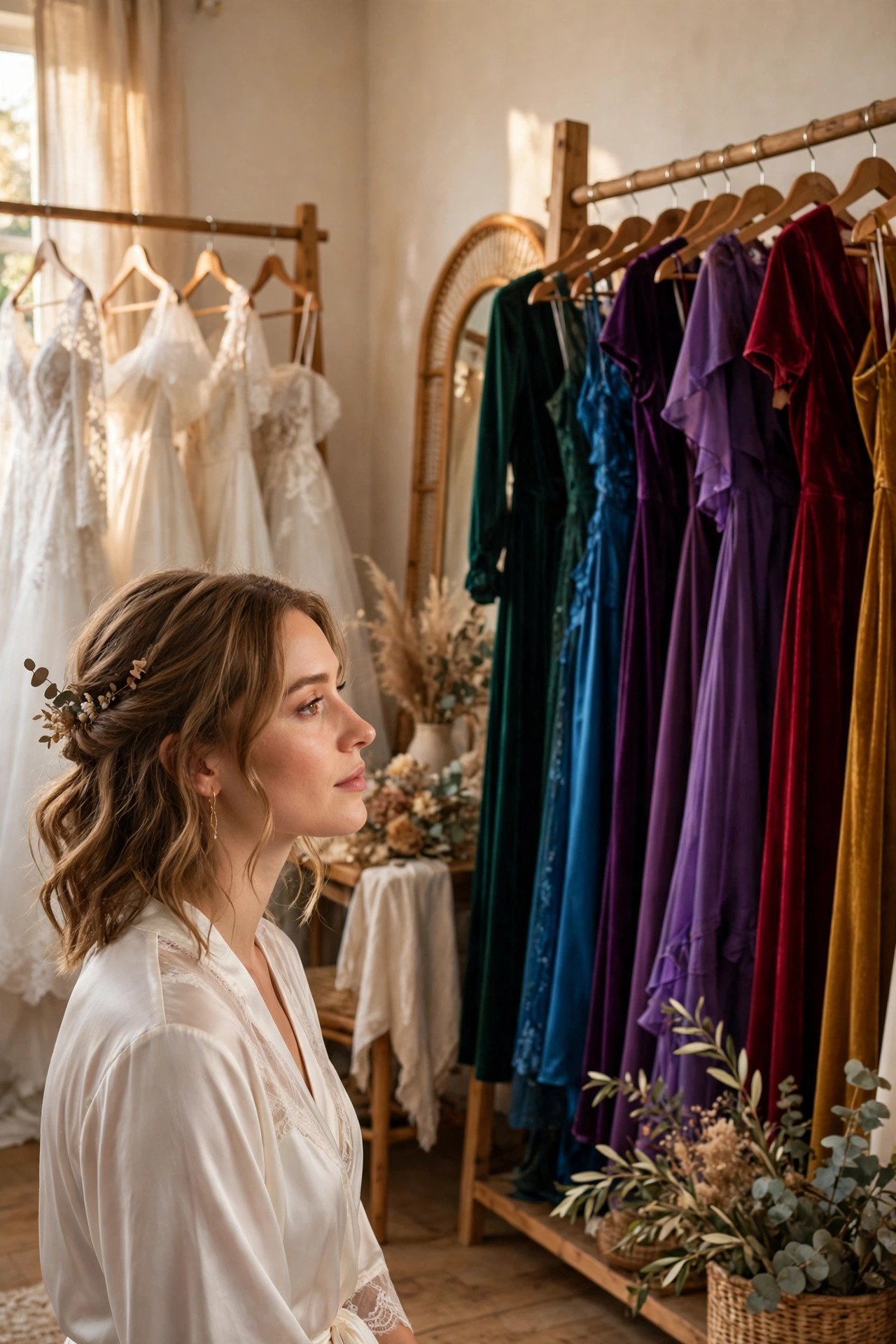 Rack of cocktail dresses in jewel tones with white dresses set aside