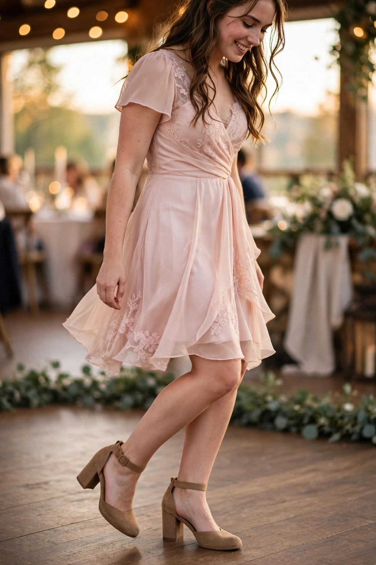 Woman wearing comfortable block heels with a cocktail dress