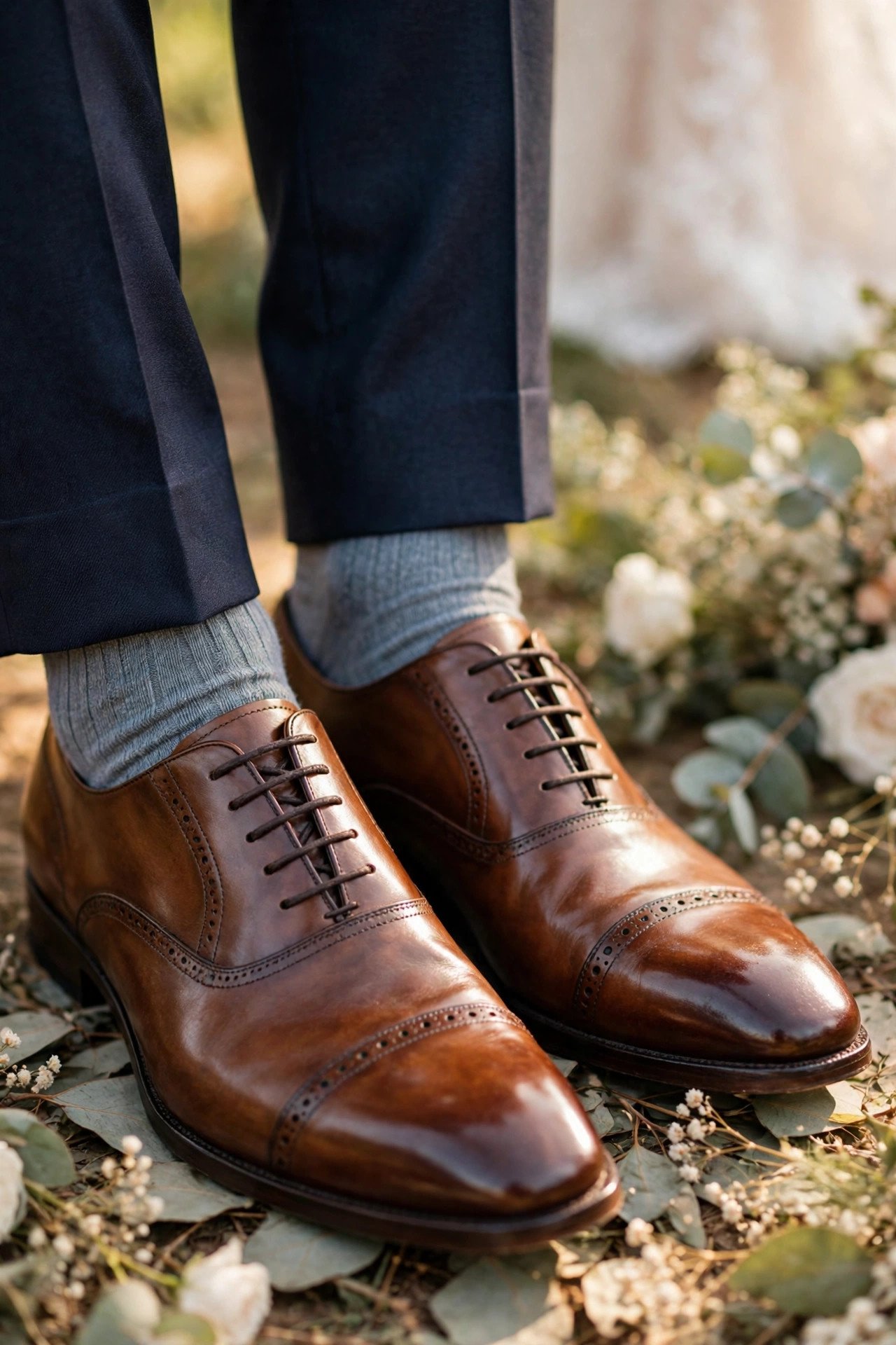 Man's polished Oxford shoes and dress socks under suit trousers