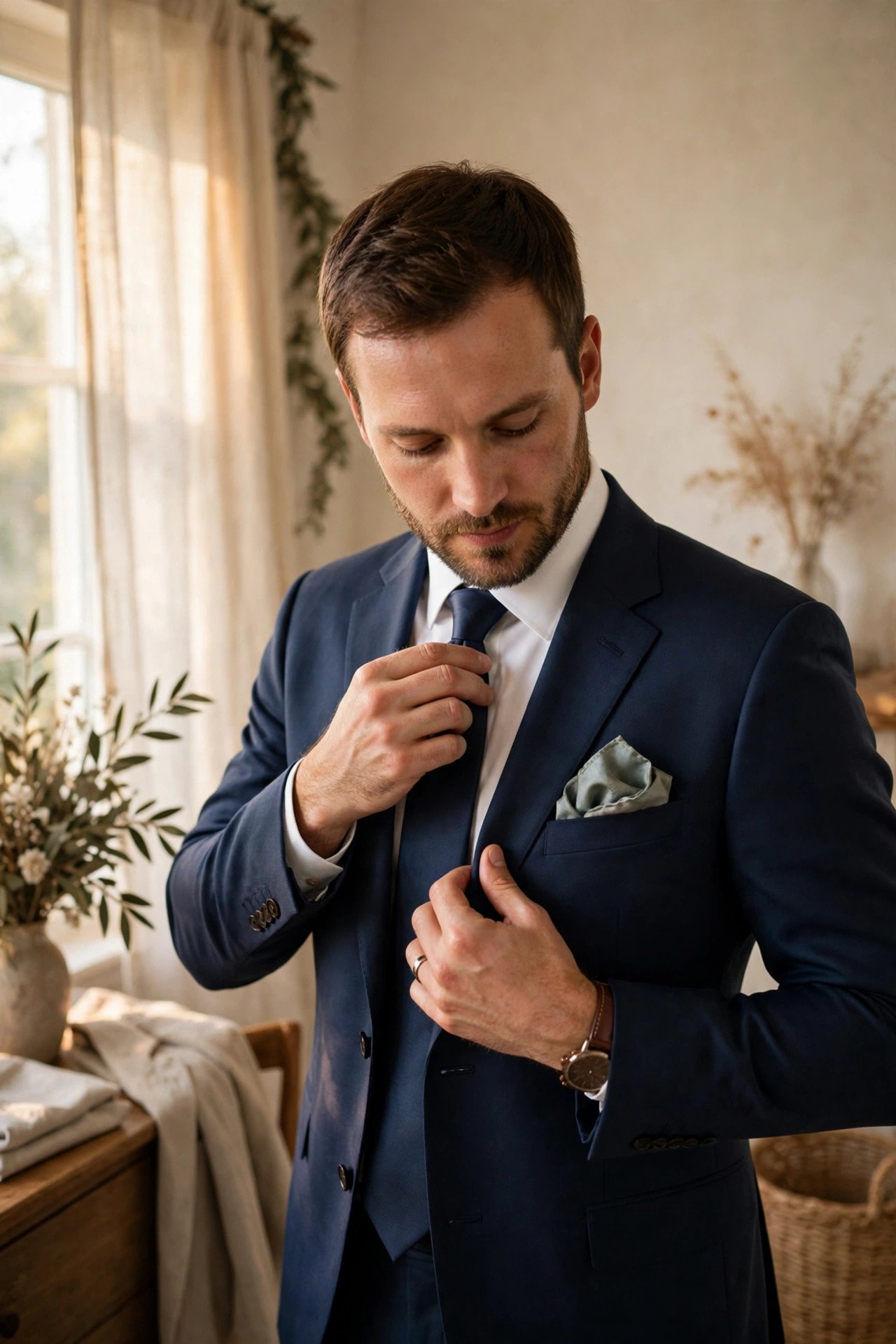 Man adjusting a silk tie and pocket square before a wedding