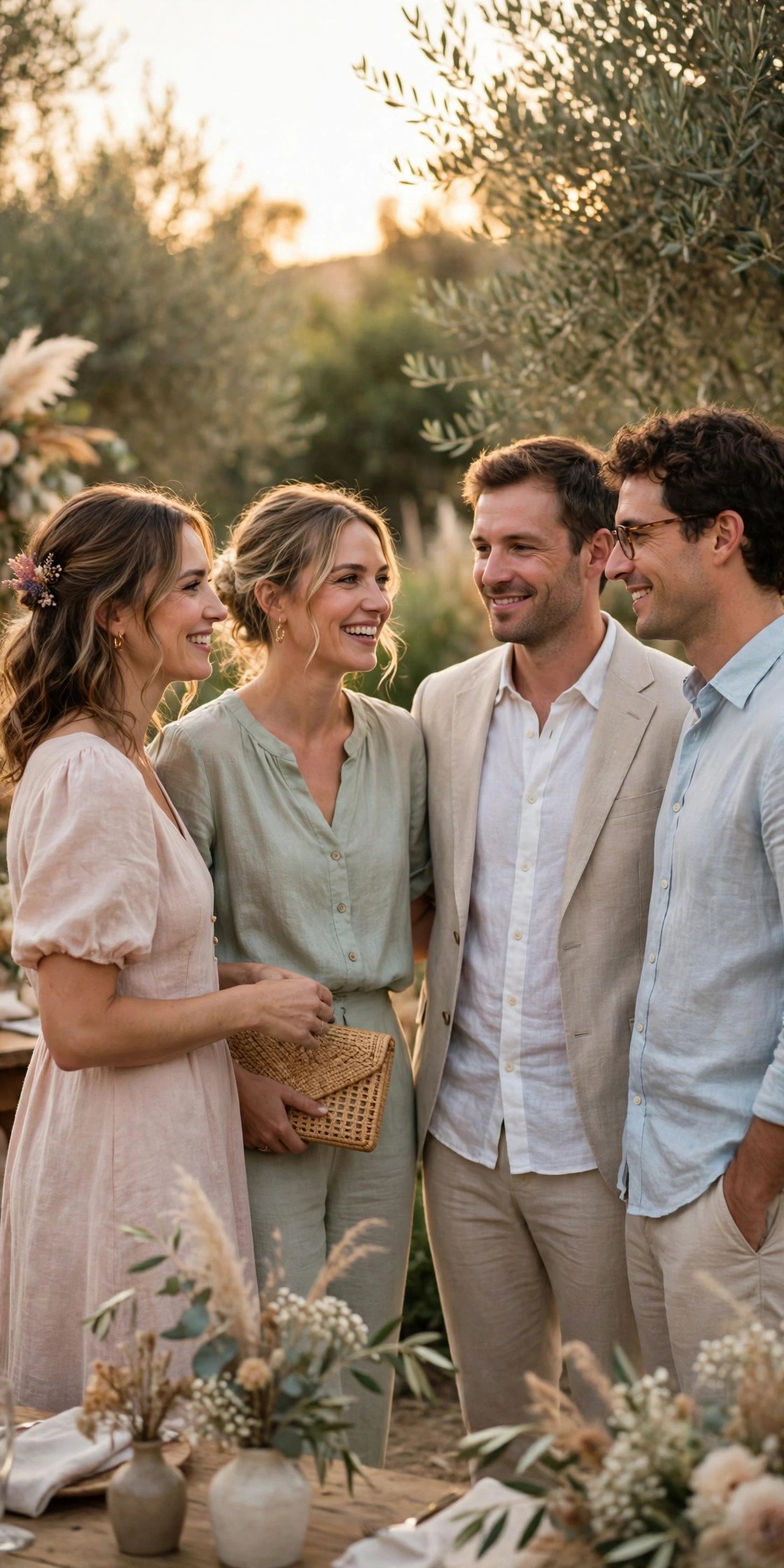 Guests in light summer cocktail outfits in linen blends at an outdoor wedding