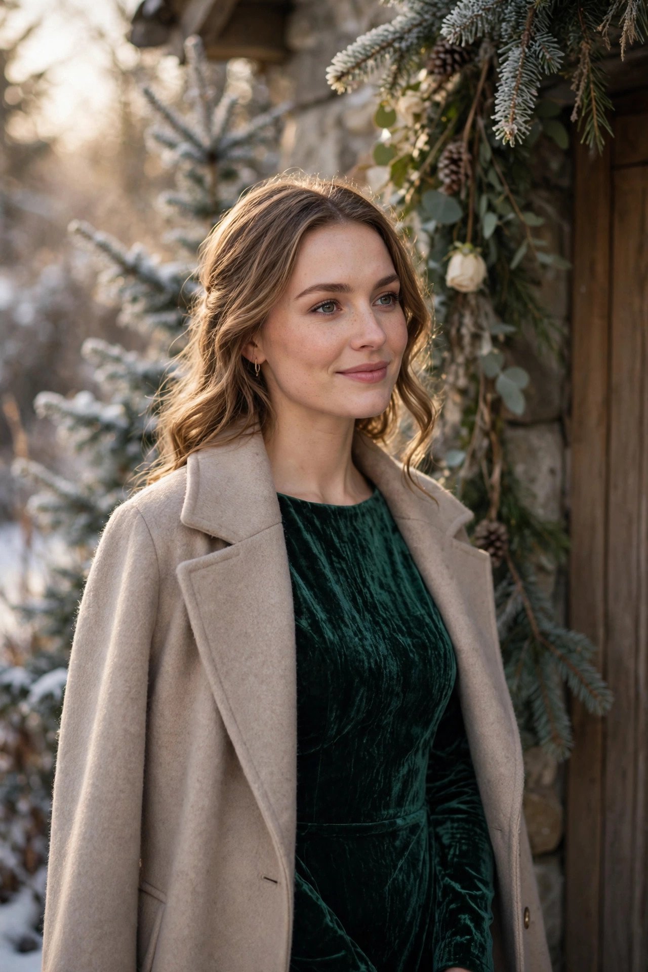 Woman in a velvet cocktail dress with an elegant wool coat at a winter wedding