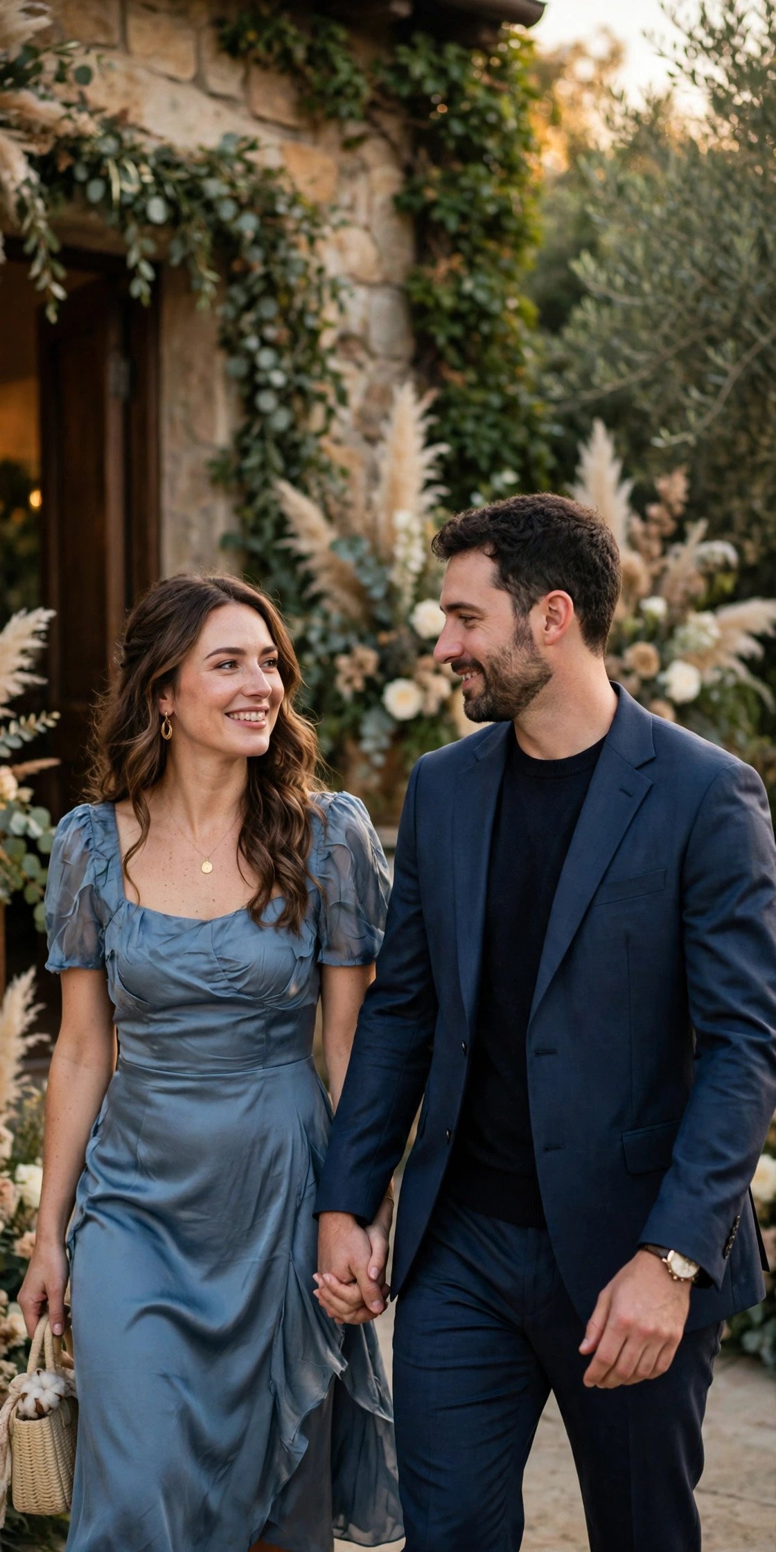 Couple in coordinated cocktail outfits arriving at a wedding together