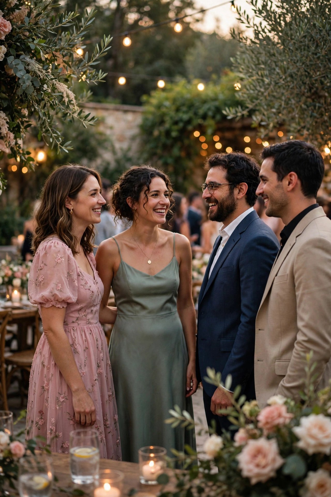 Wedding guests in cocktail attire with midi dresses and tailored suits at an evening reception
