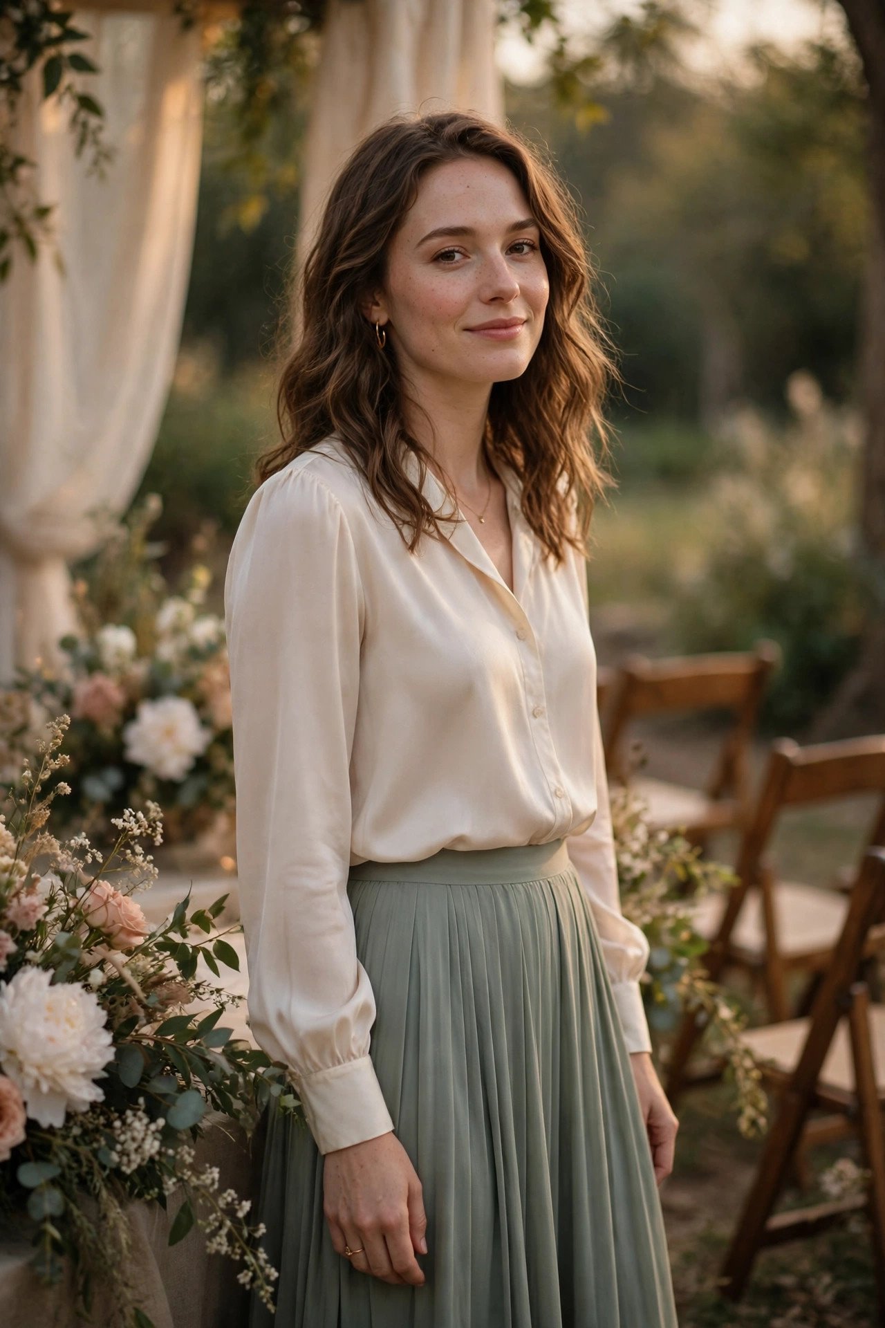 Woman in a midi skirt and elegant blouse at a semi-formal wedding