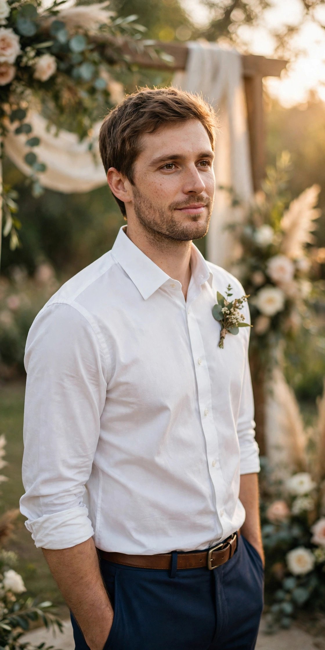 Man in dress trousers and a crisp button-down shirt at a semi-formal wedding