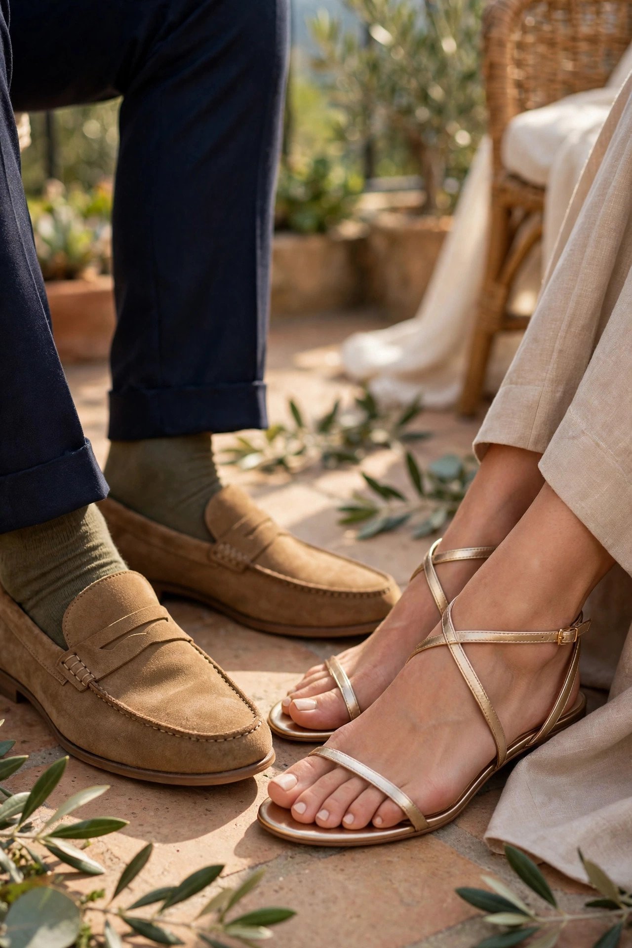 Suede loafers and dressy sandals worn by semi-formal wedding guests