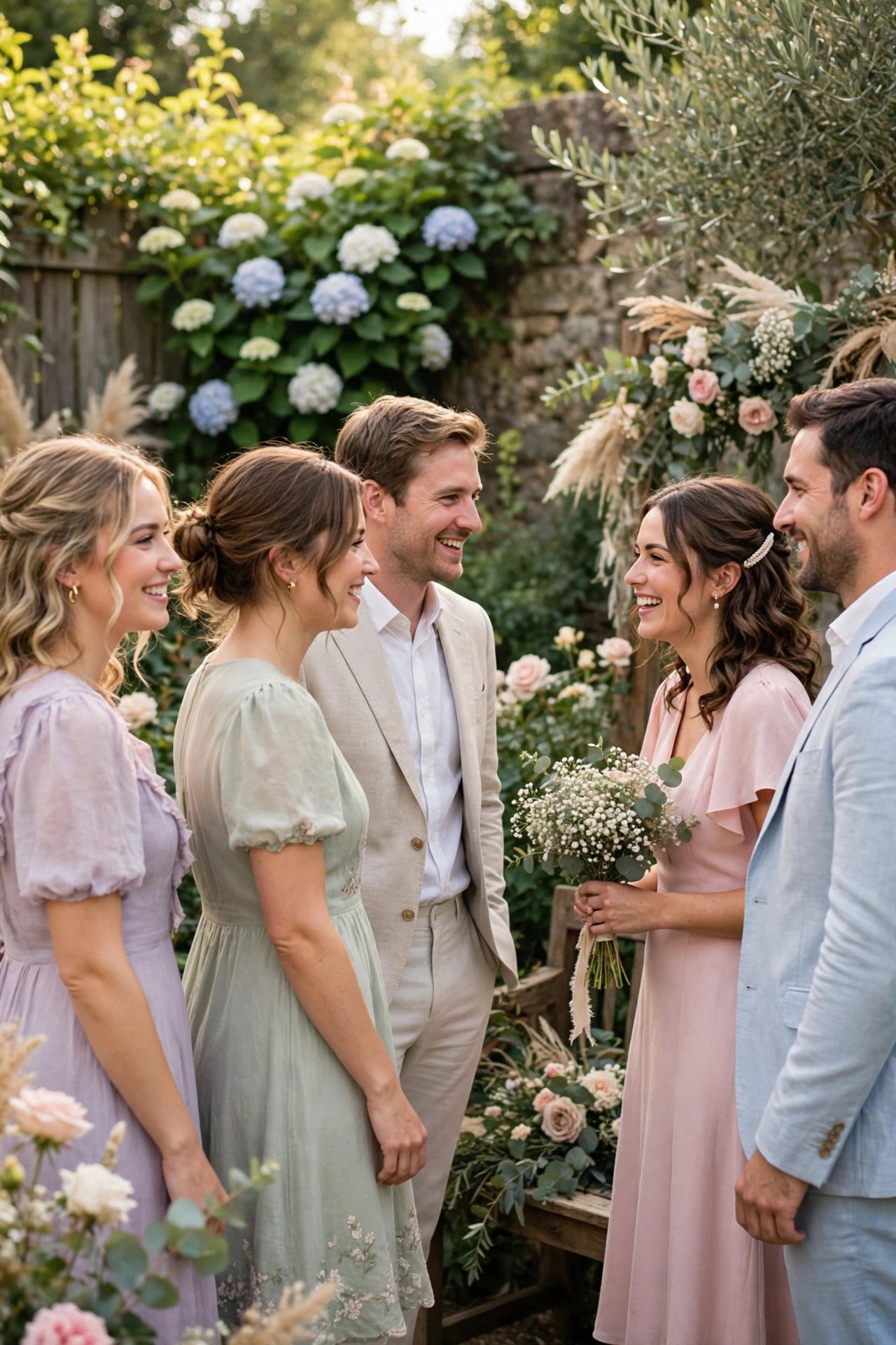 Guests in soft daytime colors at a semi-formal garden wedding