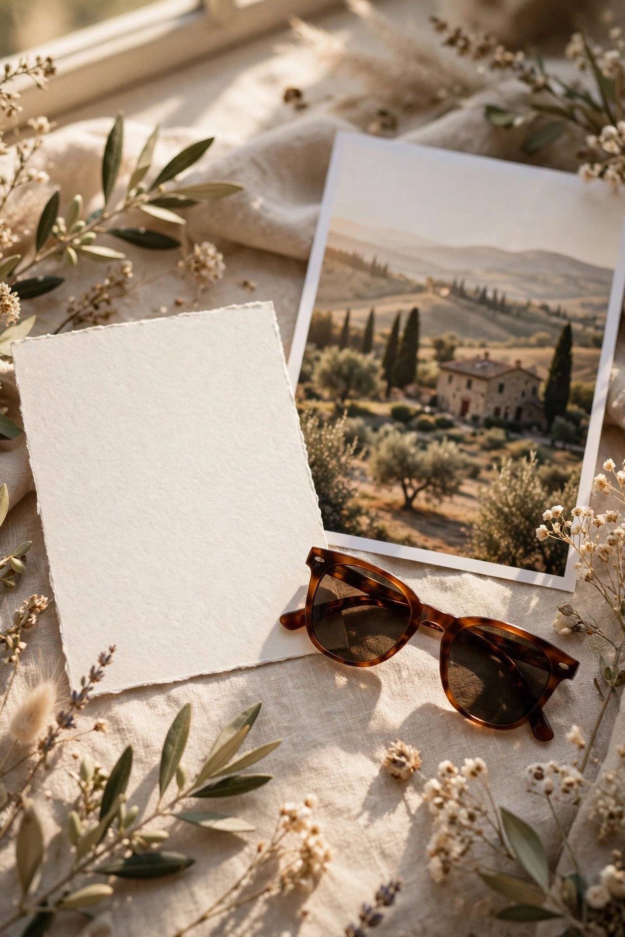 Destination wedding announcement with a Tuscan landscape photo
