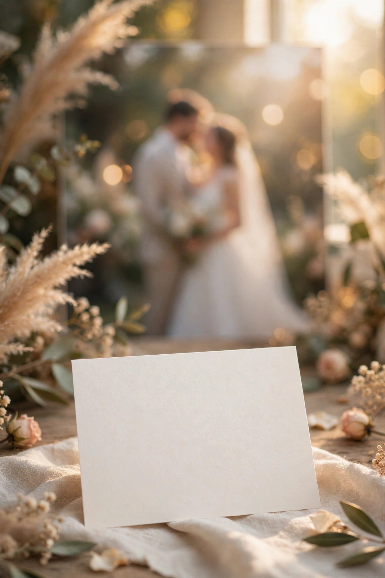 Photo announcement card showing a wedding portrait