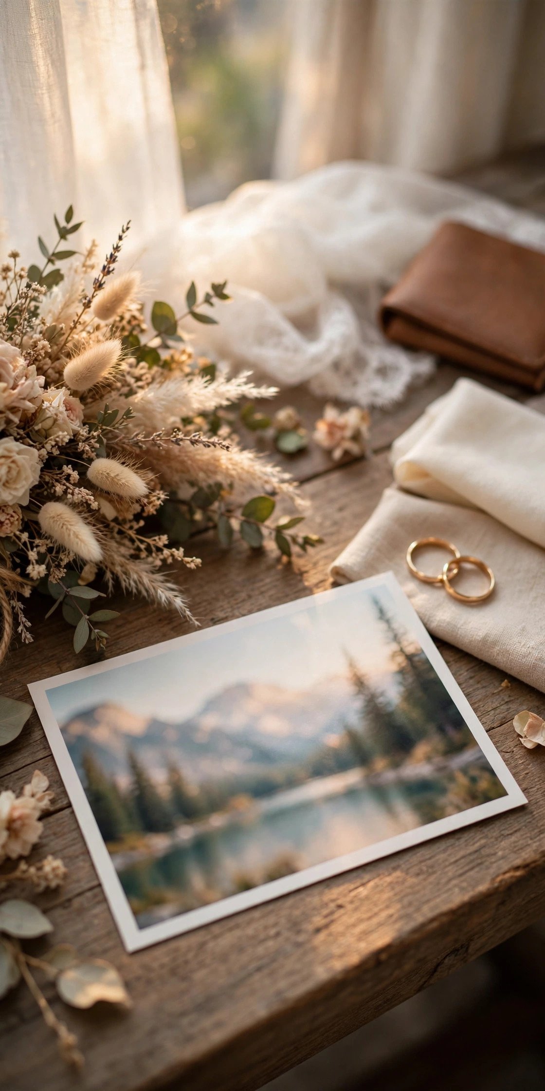 Postcard-style announcement with a destination landscape photo