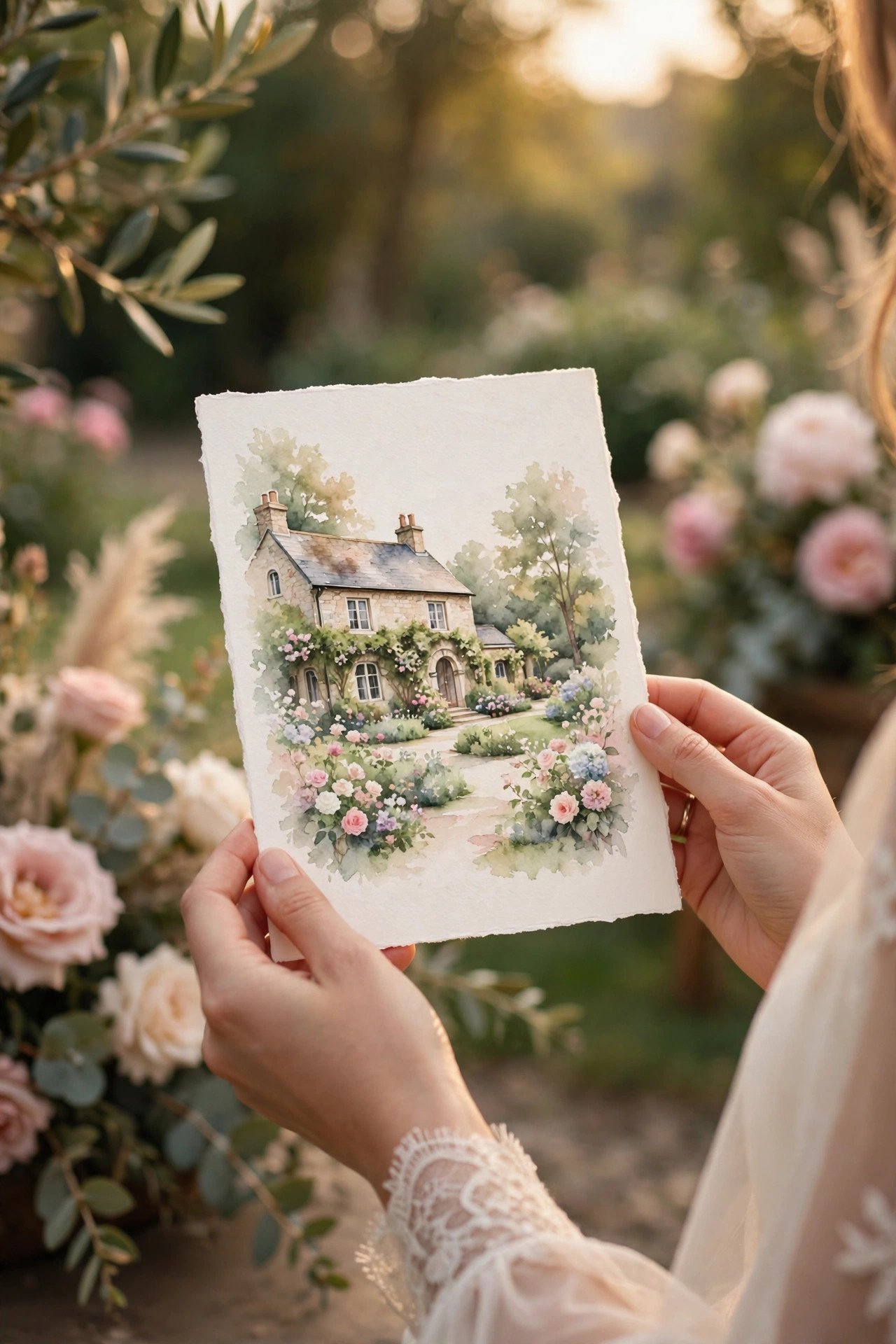 Watercolor illustration of a wedding venue on an announcement card