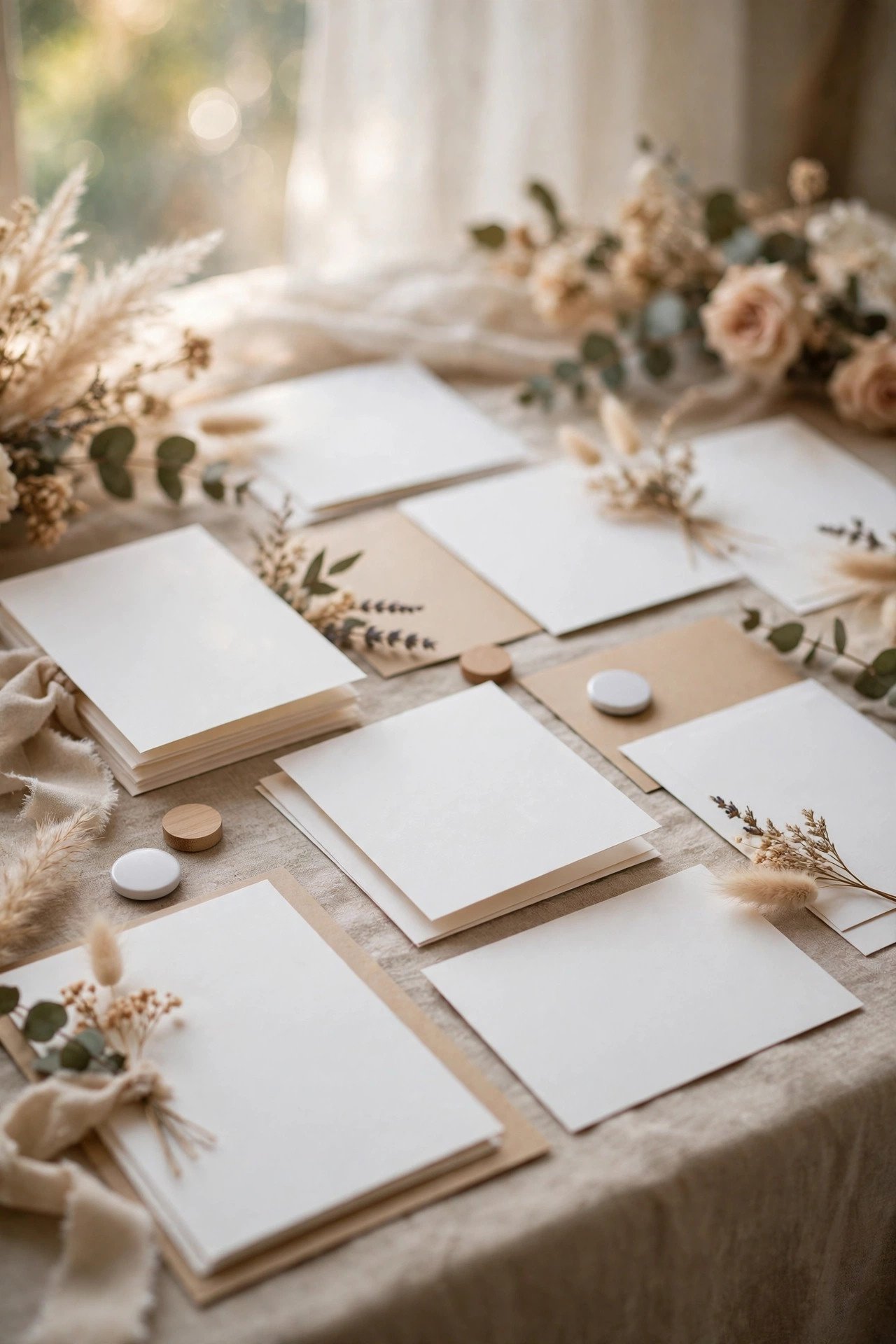 Collection of wedding announcement formats including photo cards, postcards and magnets