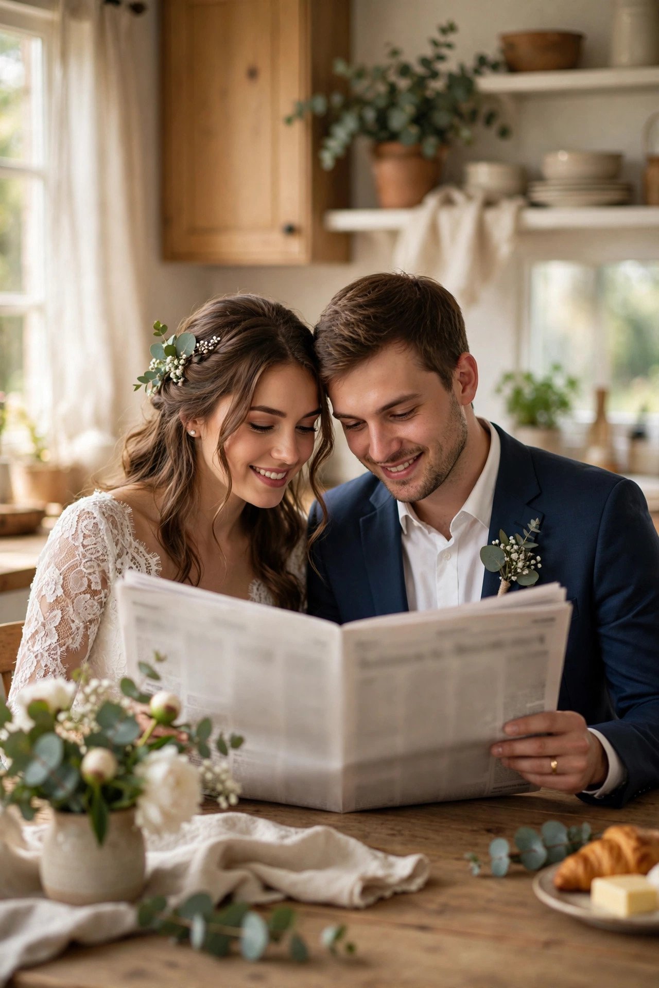 Couple reading their wedding announcement in a hometown newspaper