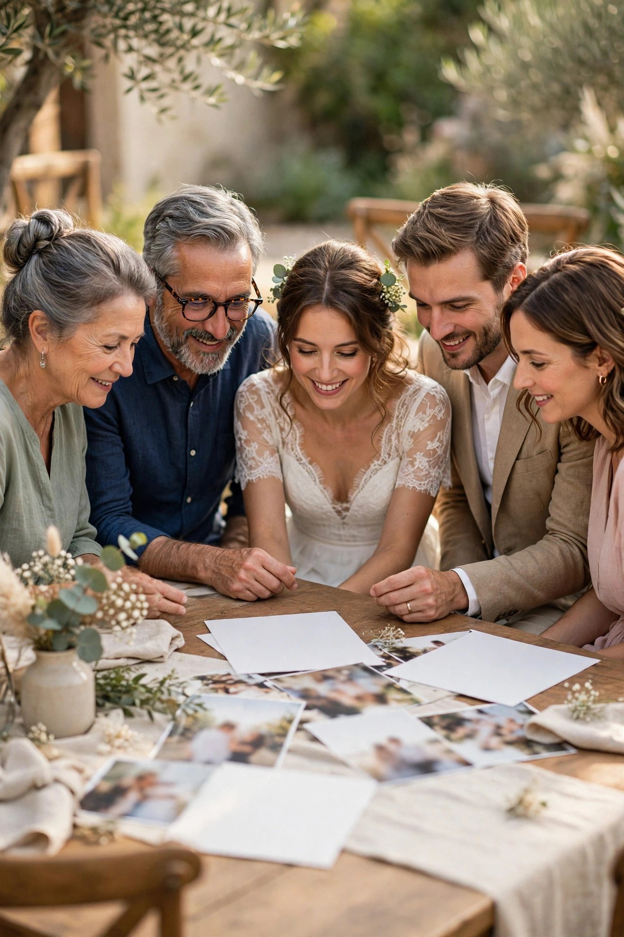 Family reviewing announcement names and hometowns before submission
