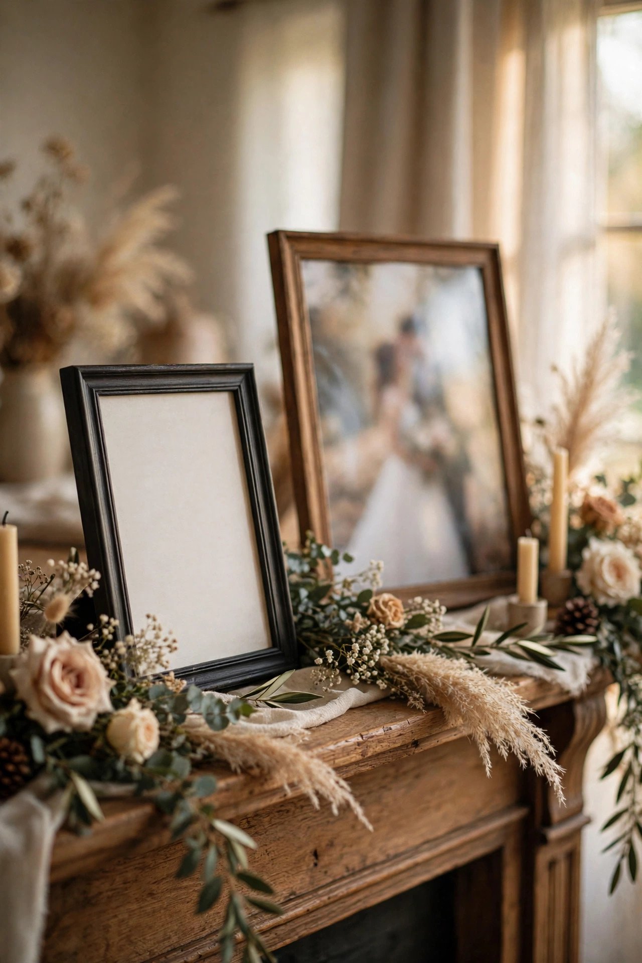 Framed newspaper announcement page displayed beside a wedding portrait