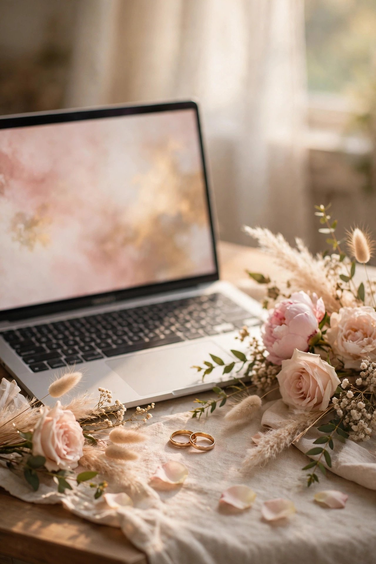 Wedding website homepage with hero photo, countdown and story sections on a laptop