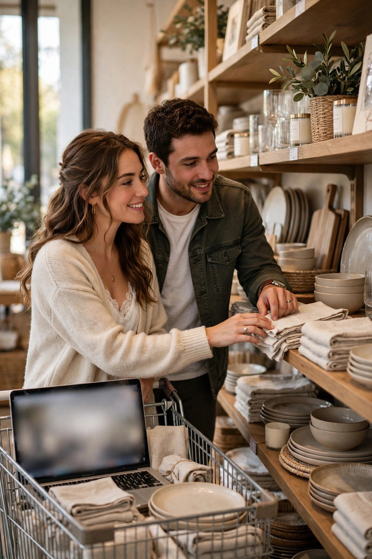Choose Your Stores Before You Build Pages — wedding registry step shown with a laptop and wrapped gift