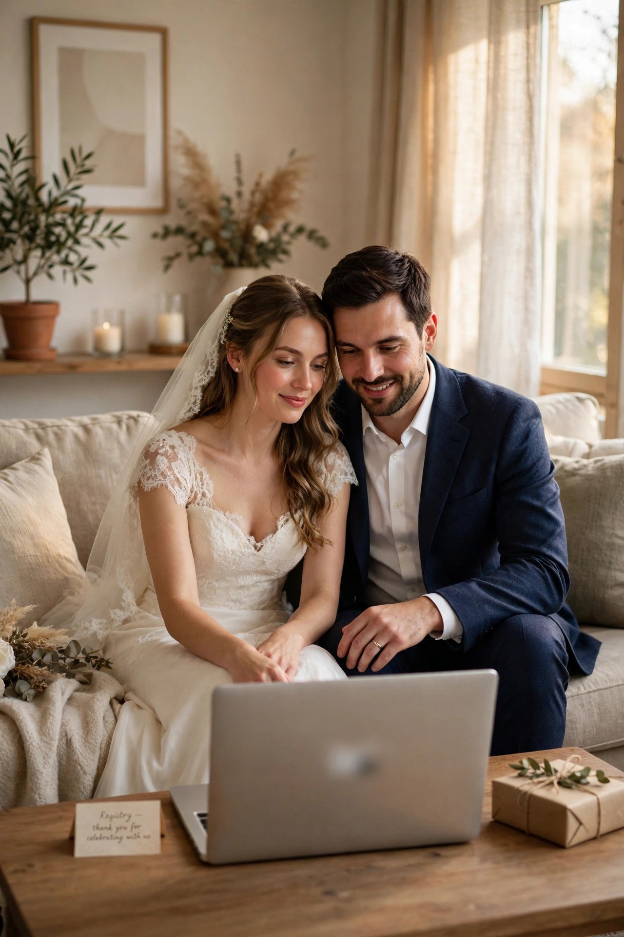 Add a Small Registry Mention on the Homepage — wedding registry step shown with a laptop and wrapped gift
