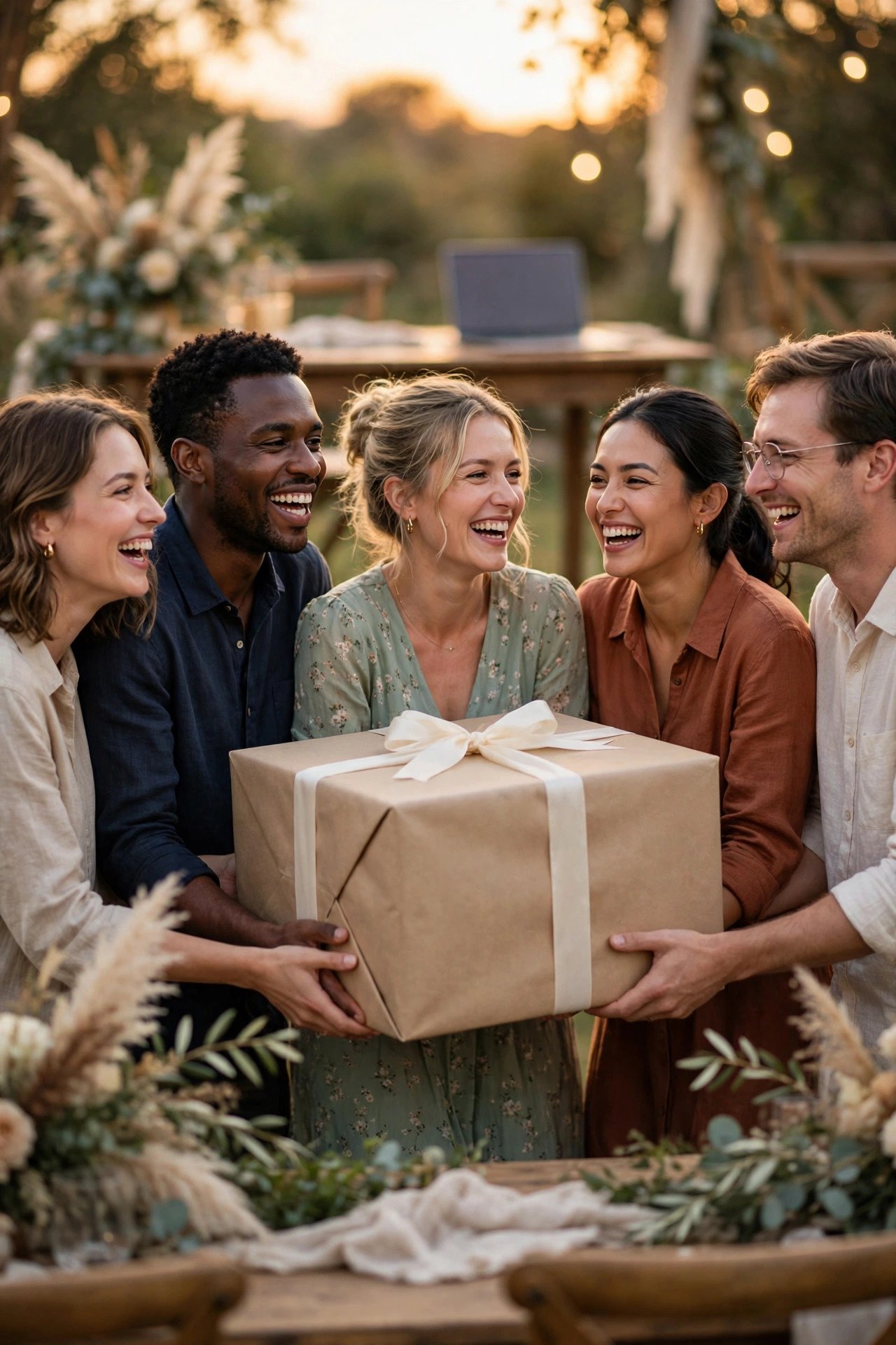 Add Group Gifting for Big-Ticket Items — wedding registry step shown with a laptop and wrapped gift
