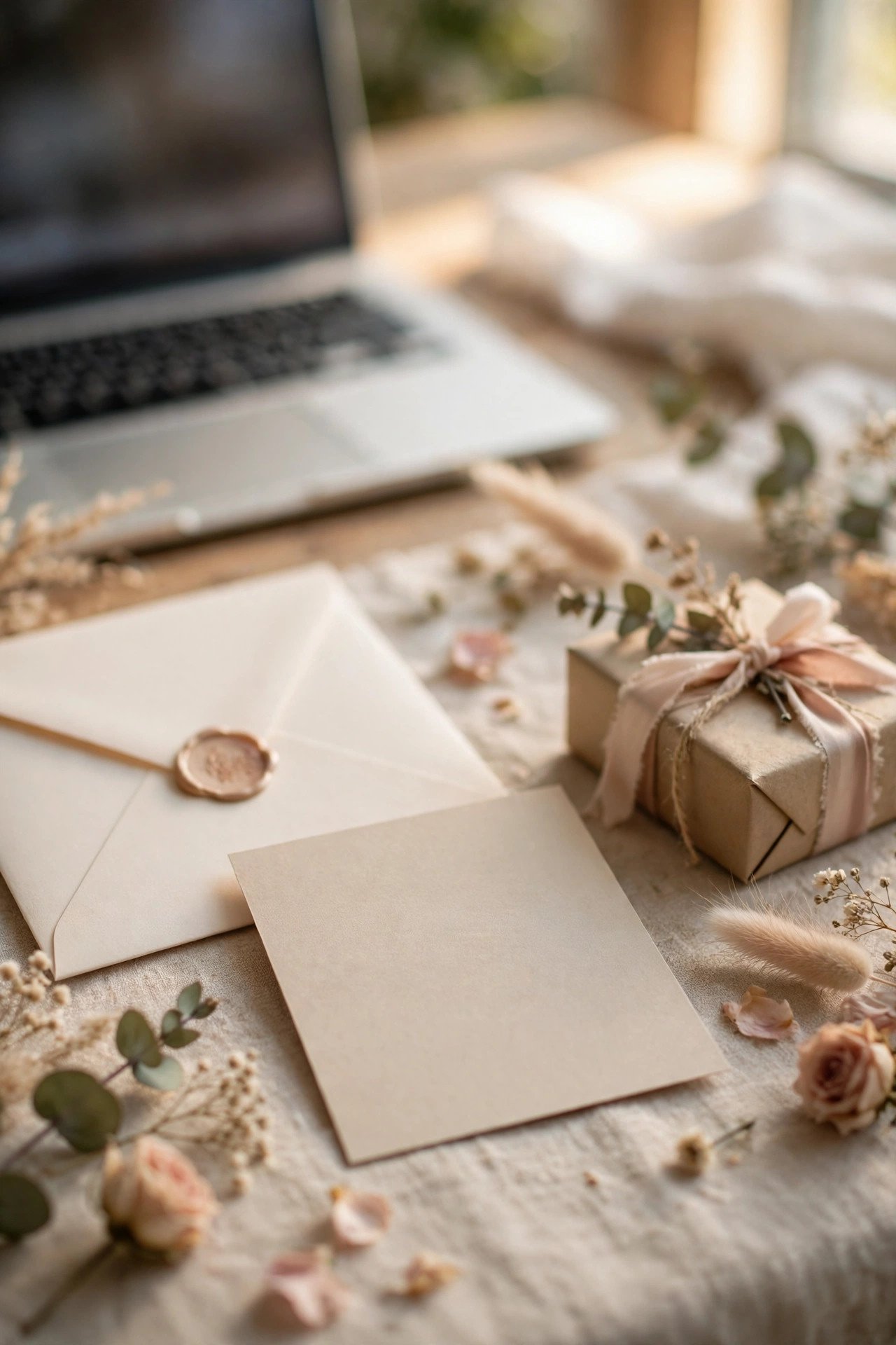 Put the Website URL on the Details Card — wedding registry step shown with a laptop and wrapped gift