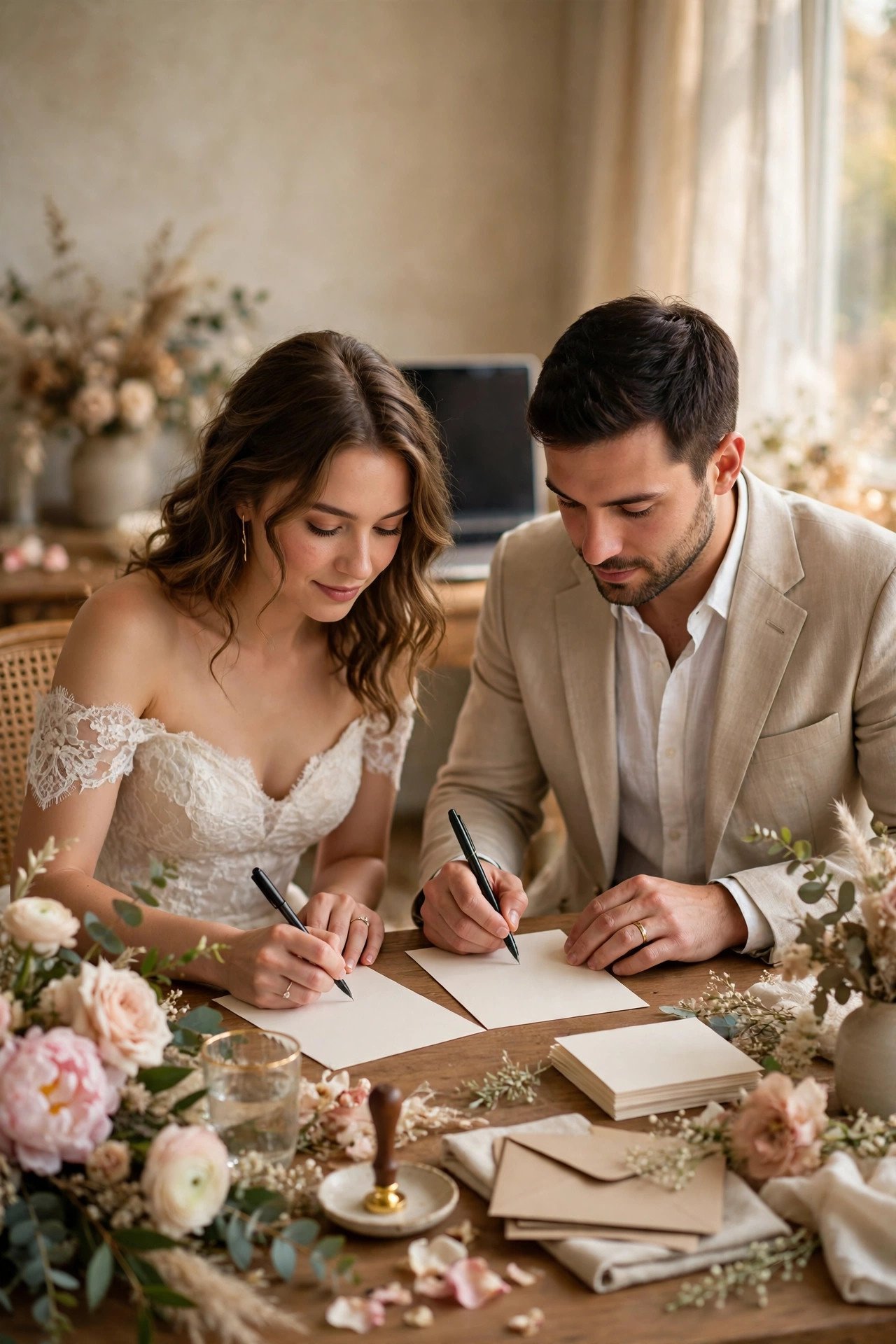 Write a Gracious Registry Welcome Note — wedding registry step shown with a laptop and wrapped gift