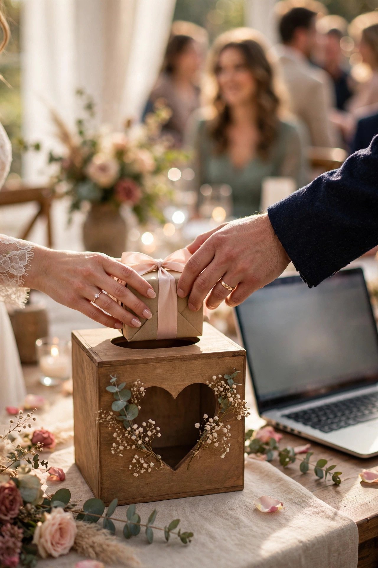 Add a Charity Option for Generous Guests — wedding registry step shown with a laptop and wrapped gift