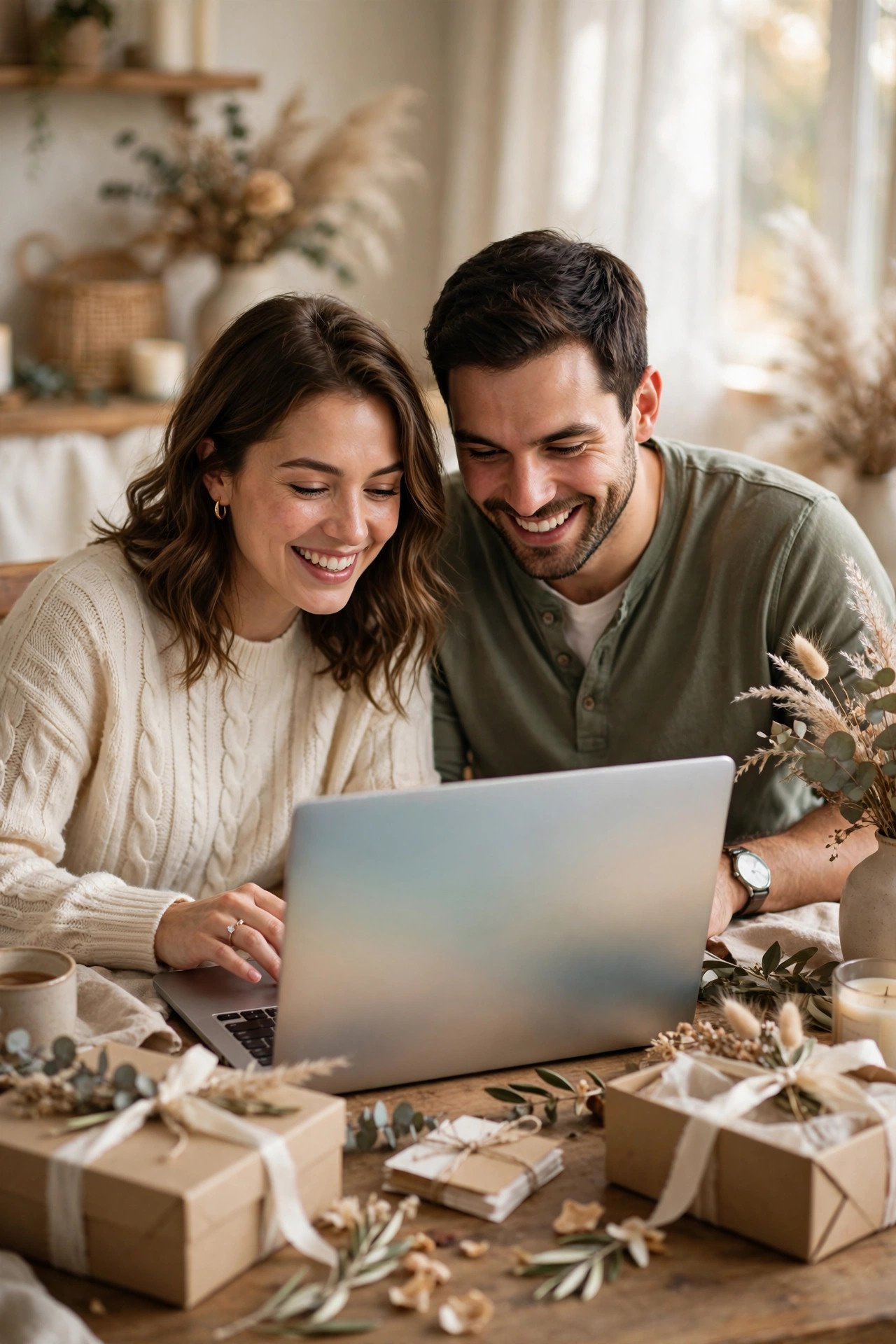 Couple adding registry links to their wedding website on a laptop with gift boxes nearby